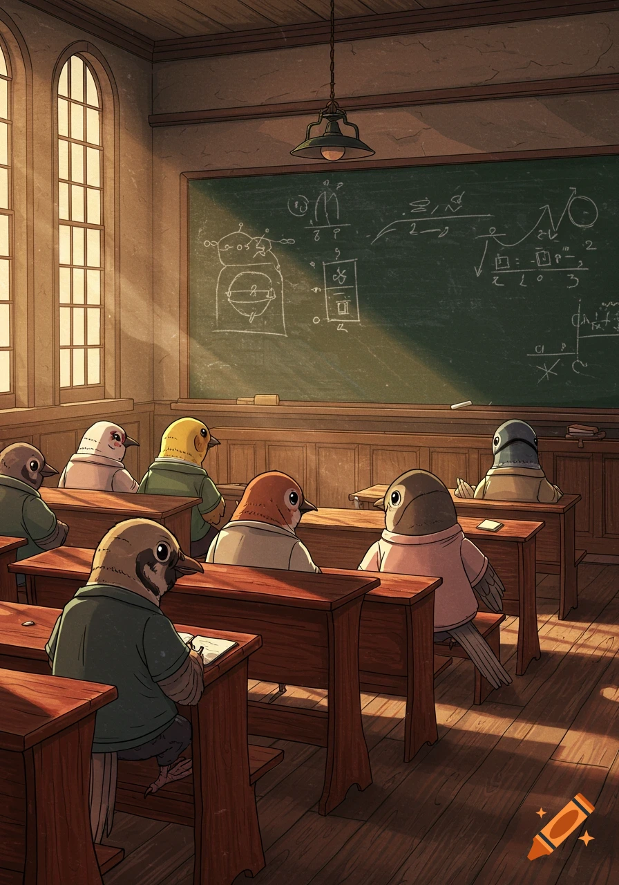 Cartoon illustration of various clothed birds sitting at wooden desks in an old-fashioned classroom, looking at a blackboard.