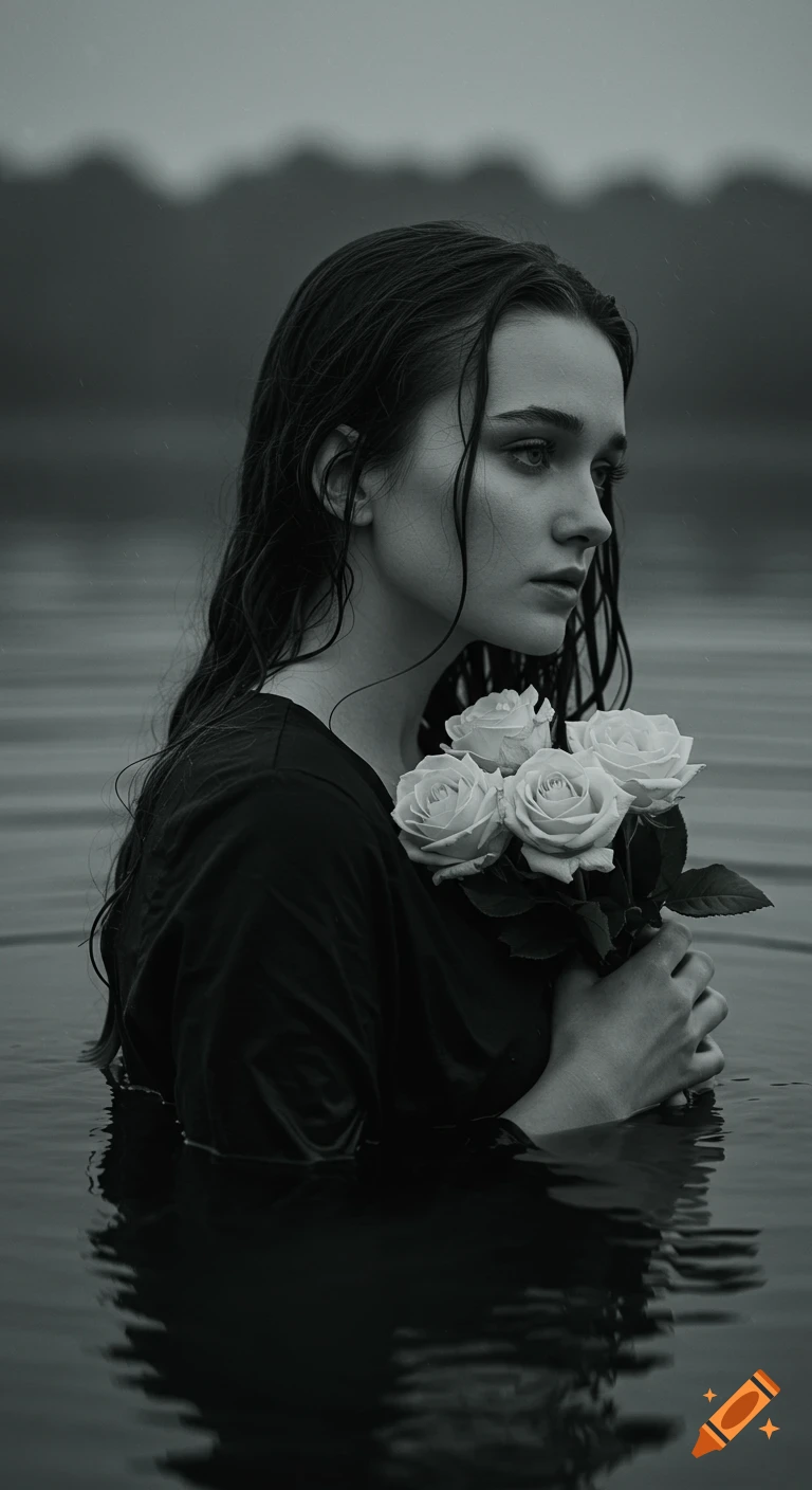 Black and white portrait of a young woman submerged in water, holding white roses. She has wet hair and a melancholic expression.