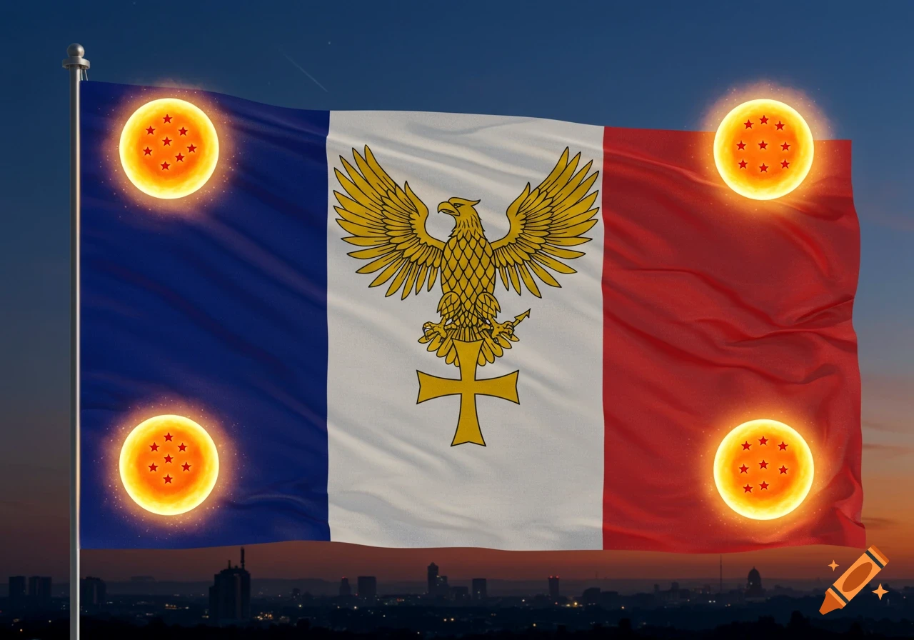 A French flag featuring a golden eagle on a Latin cross and four glowing Dragon Balls in its corners, flying over a city at twilight.
