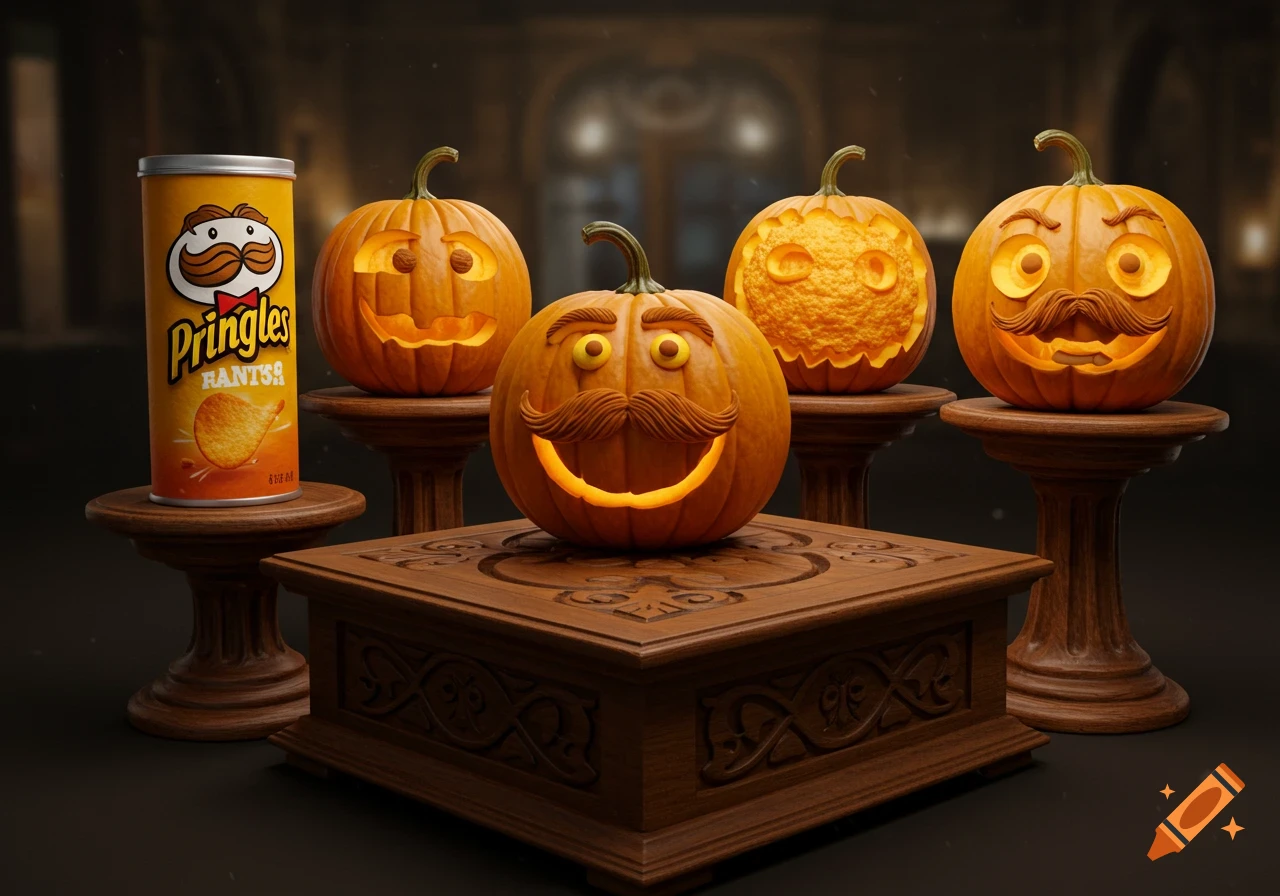 Five Pringles-themed jack-o'-lanterns, one with a Pringles can, displayed on wooden pedestals in a dimly lit setting.