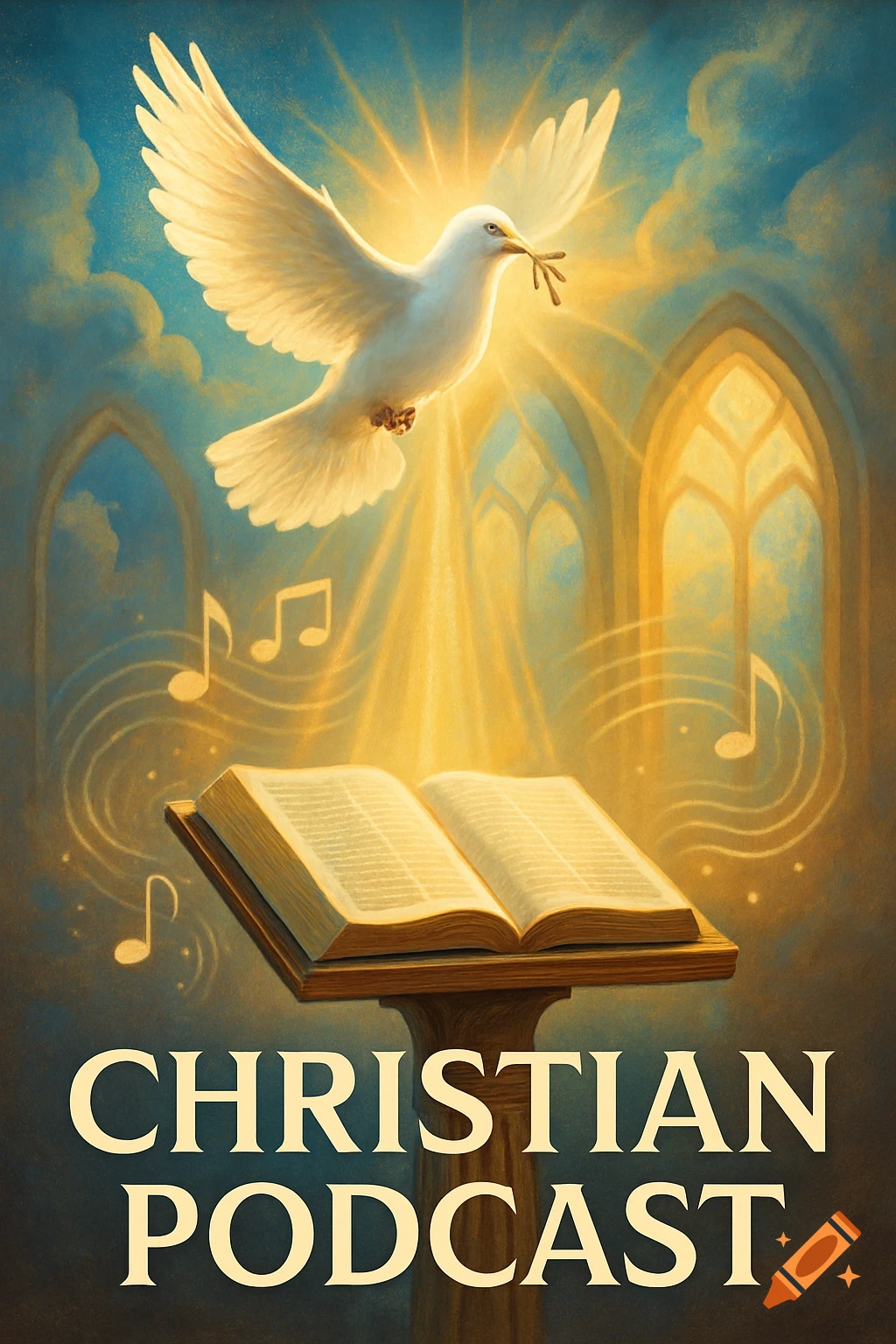 A white dove with an olive branch flies above an open Bible on a stand, illuminated by golden light, with 'CHRISTIAN PODCAST' text.