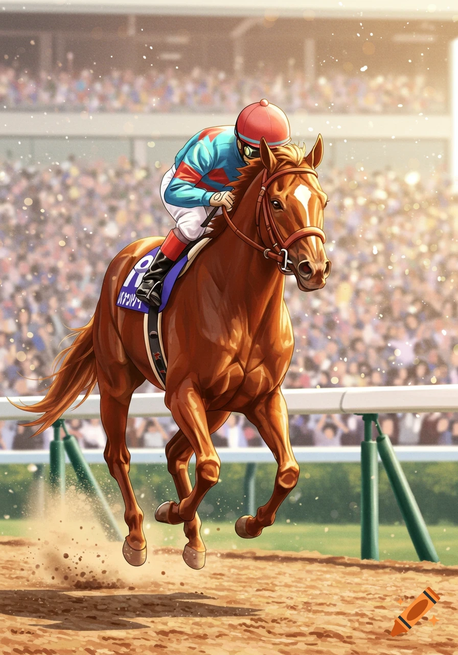 Anime style illustration of a jockey in red and blue silks riding a brown horse on a dirt racetrack, with a blurred crowd.