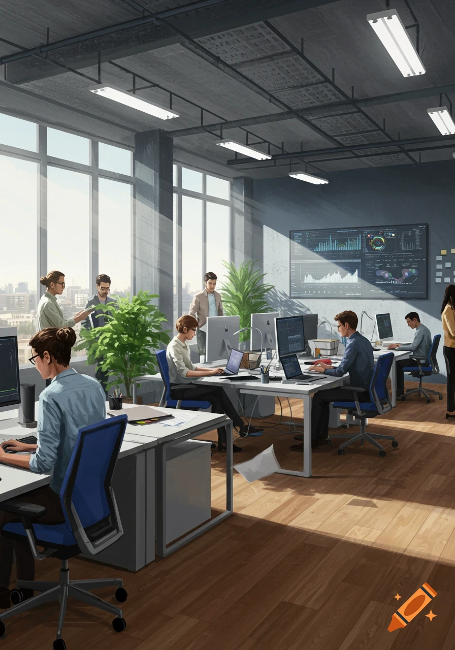 People working in a modern, sunlit office with computers and a large data display on the wall.