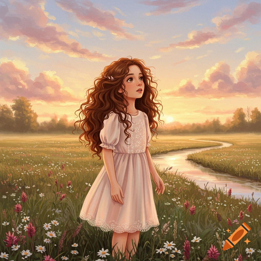 Illustrated young girl with curly hair in a wildflower field at sunset, a river behind her.