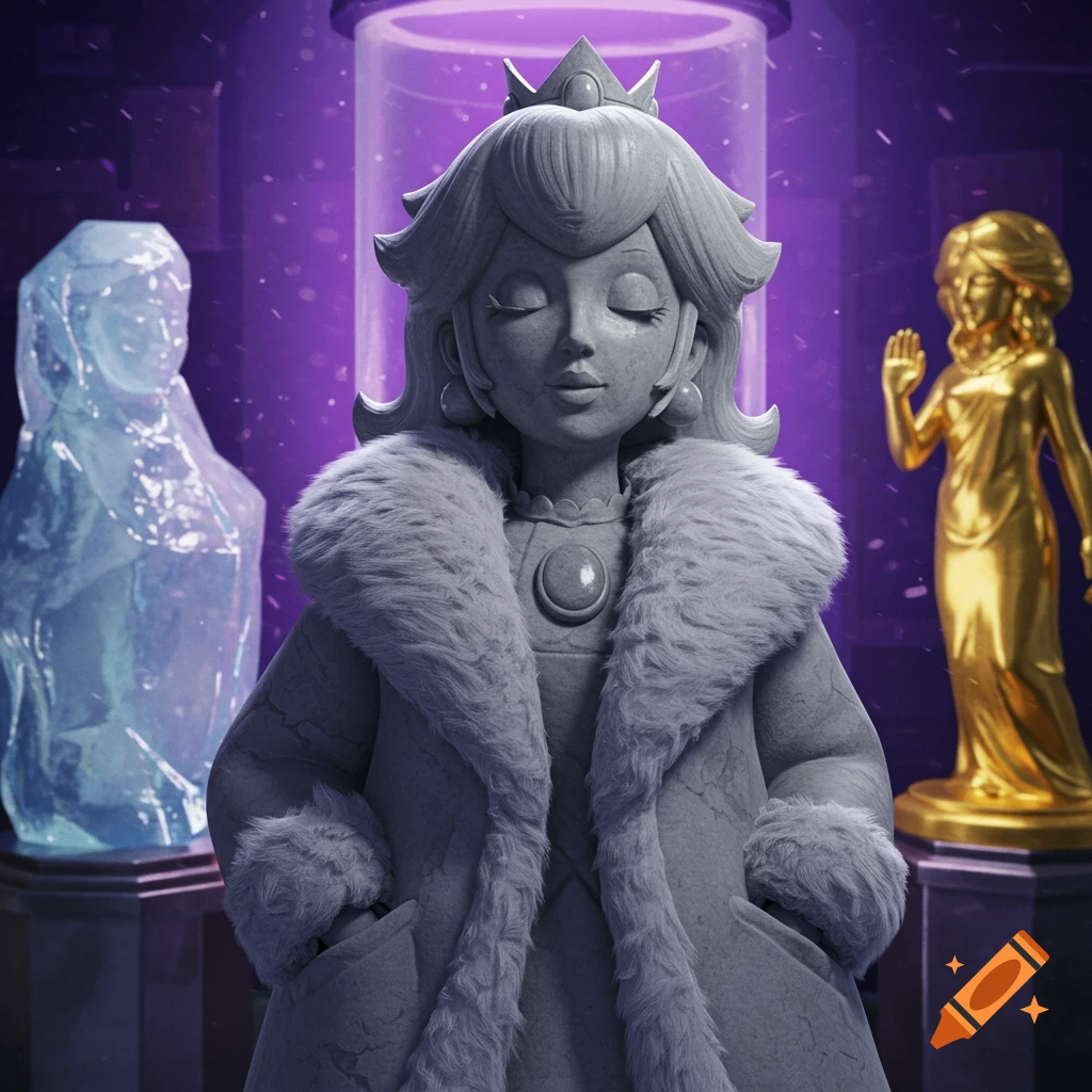 Princess Peach as a stone statue in a fur coat, eyes closed, in a purple lab with ice and gold statues.