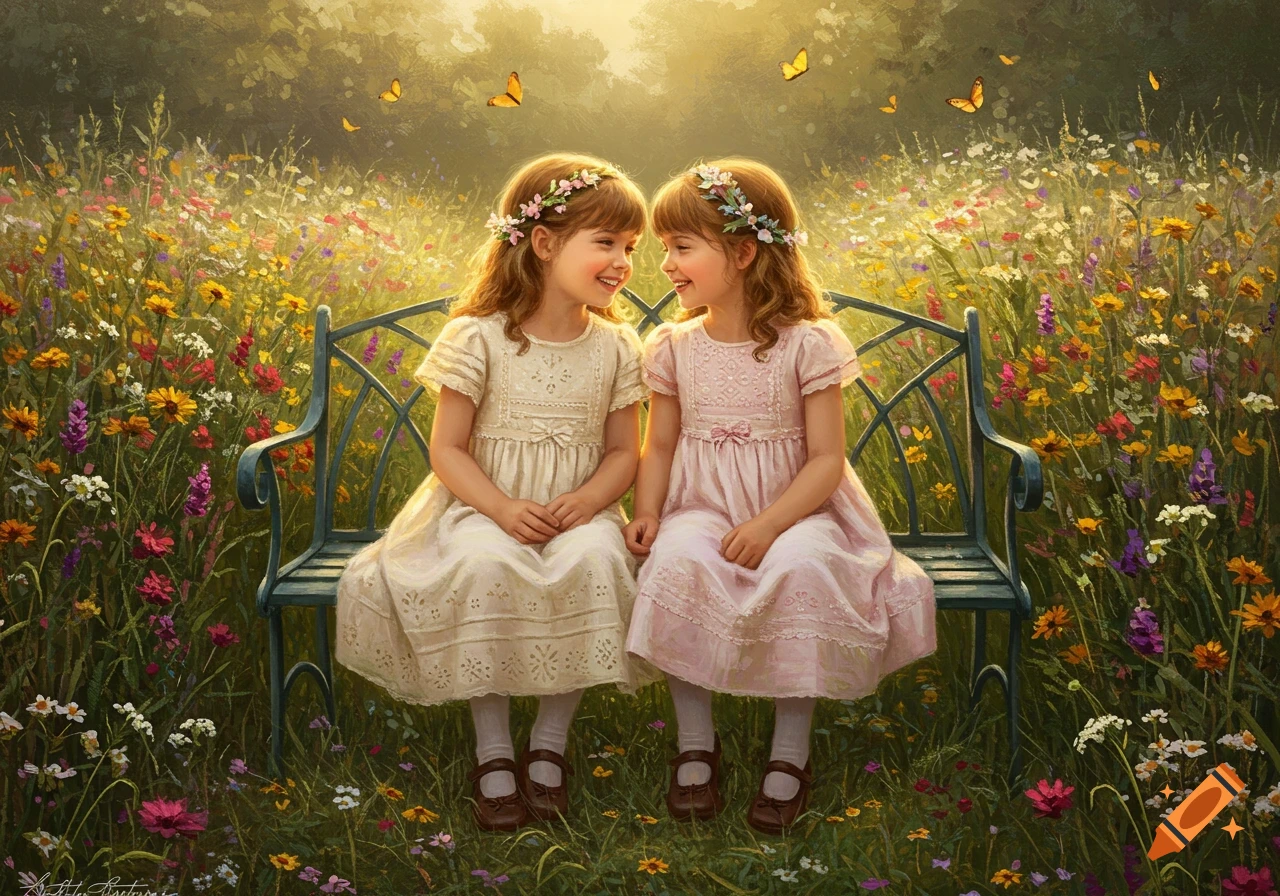 Two smiling girls with flower crowns sit on a bench in a vibrant, sunlit meadow with wildflowers and butterflies, painterly style.