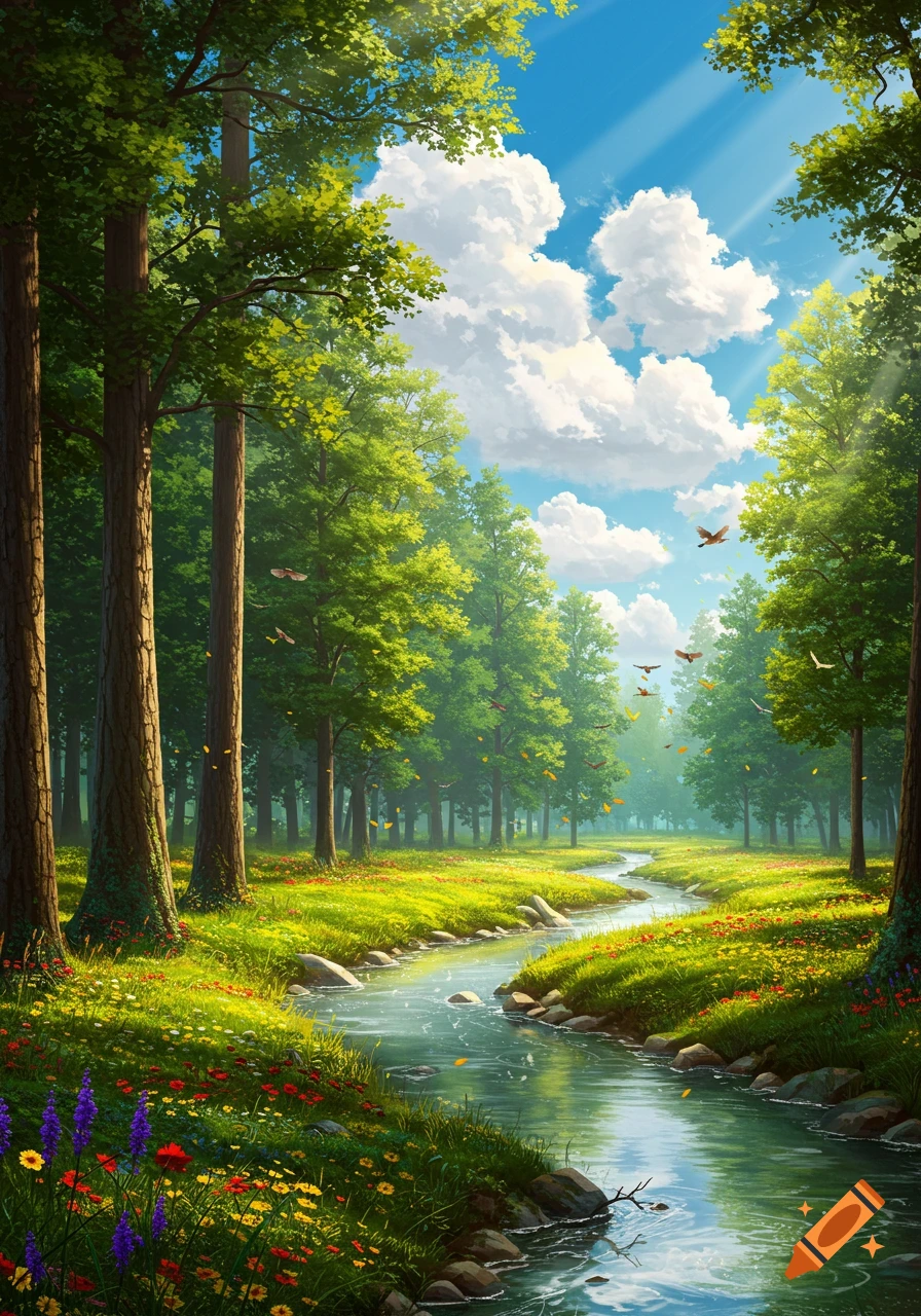 A vibrant forest with a winding stream, tall trees, colorful wildflowers, and sunbeams breaking through a blue sky with white clouds.