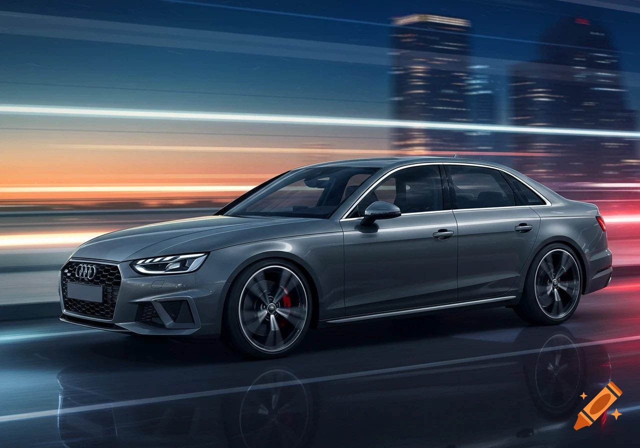 A grey Audi A4 sedan drives at speed on a dark, wet road, with blurred city lights in the background, at dusk.