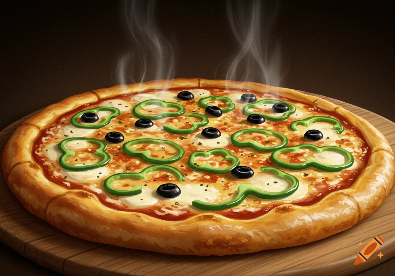 A steaming whole pizza topped with sliced green bell peppers and black olives on a wooden board.