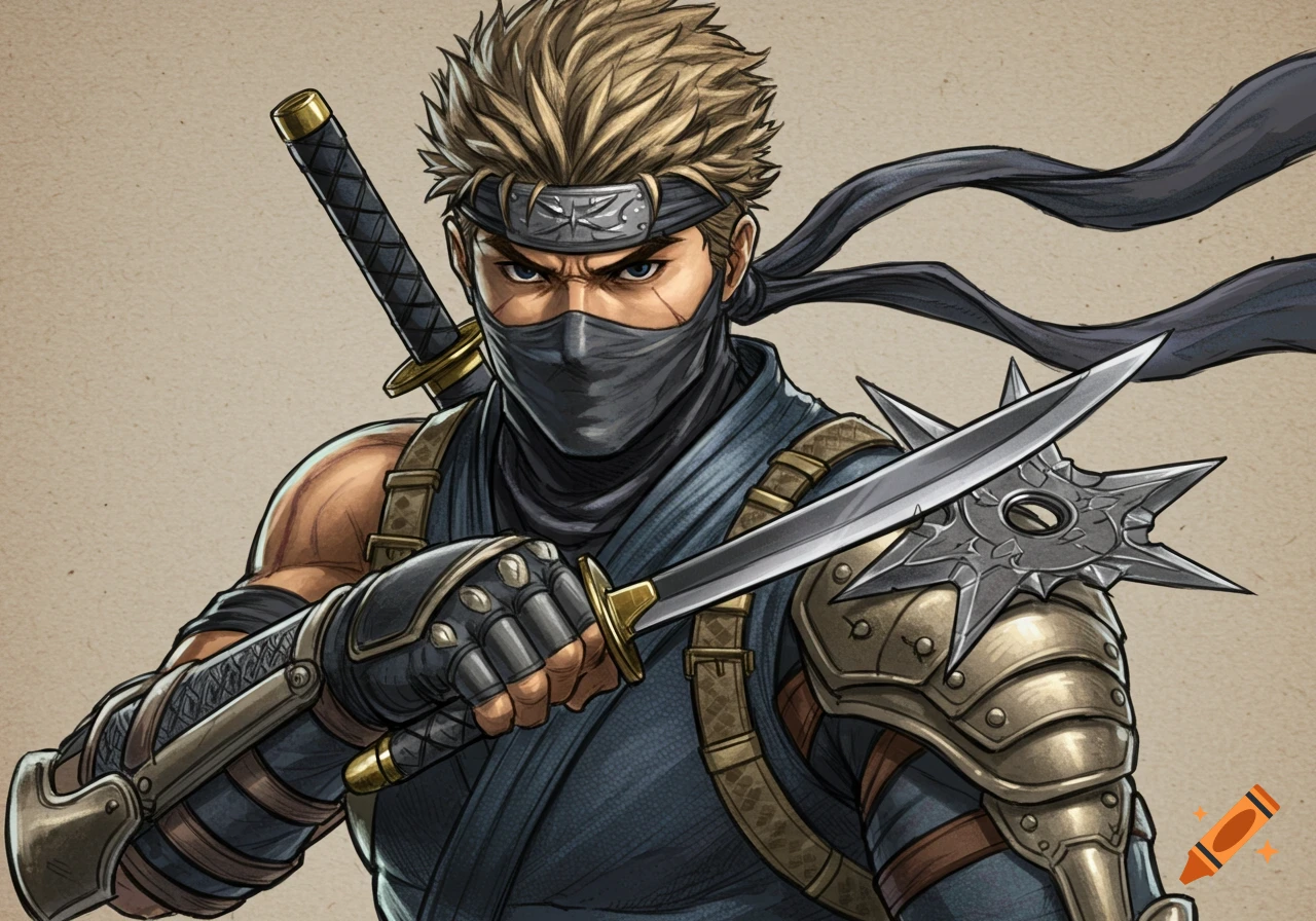 Anime-style illustration of a ninja with blonde spiky hair, a mask, holding a sword and shuriken.