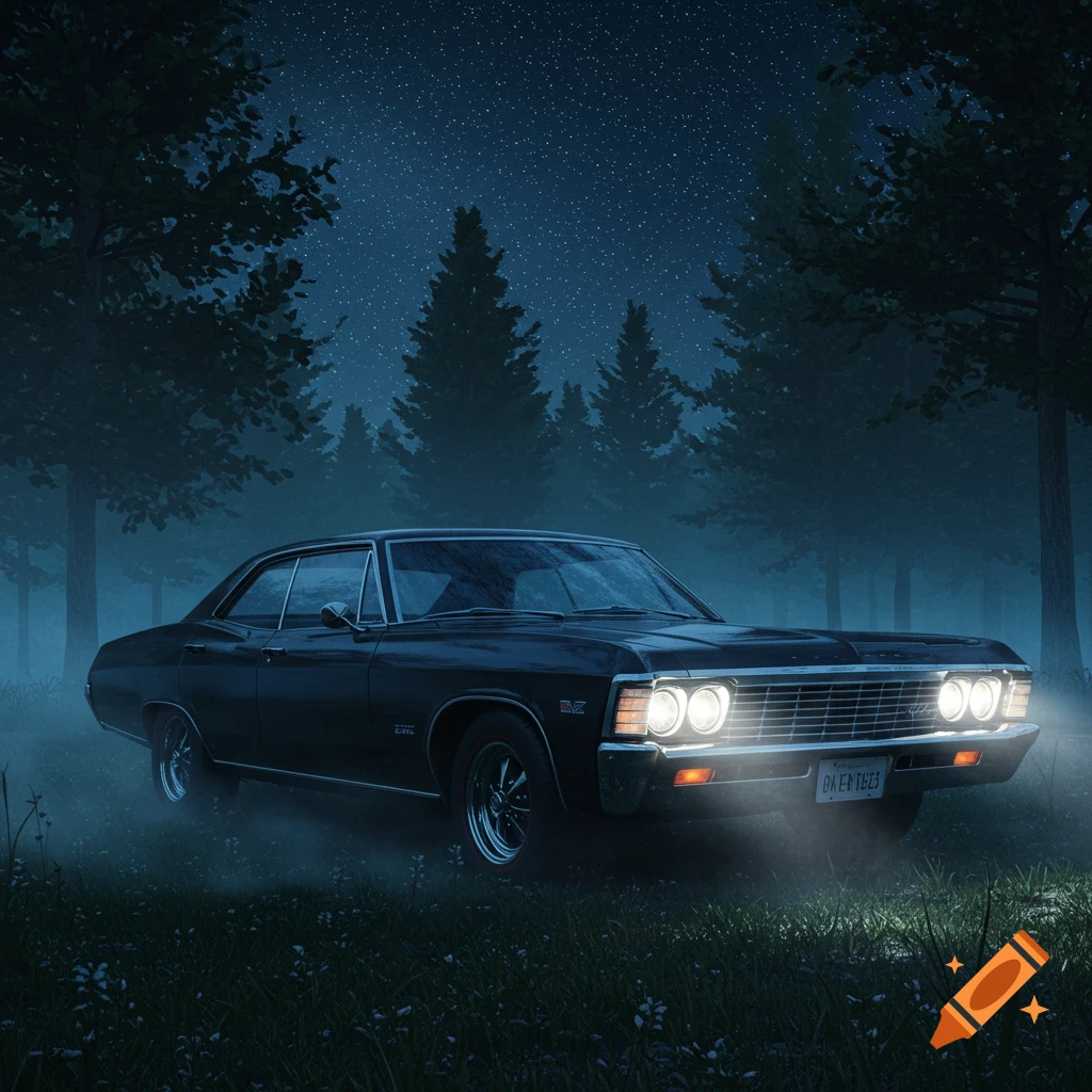 A black 1967 Impala drives through a misty forest at night, headlights illuminated under a star-filled sky.