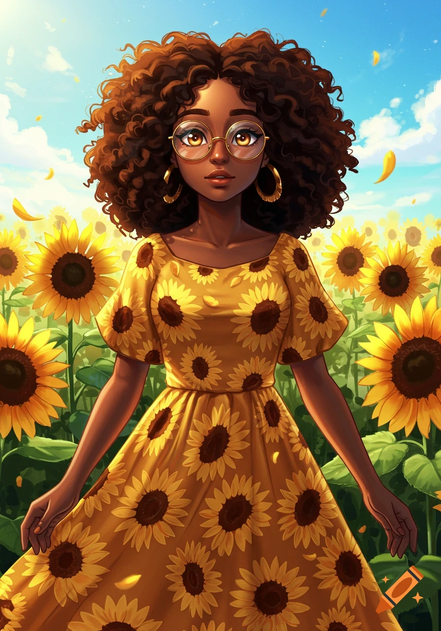 Black anime girl with curly hair and glasses in a yellow sunflower dress standing in a field of sunflowers under a blue sky.