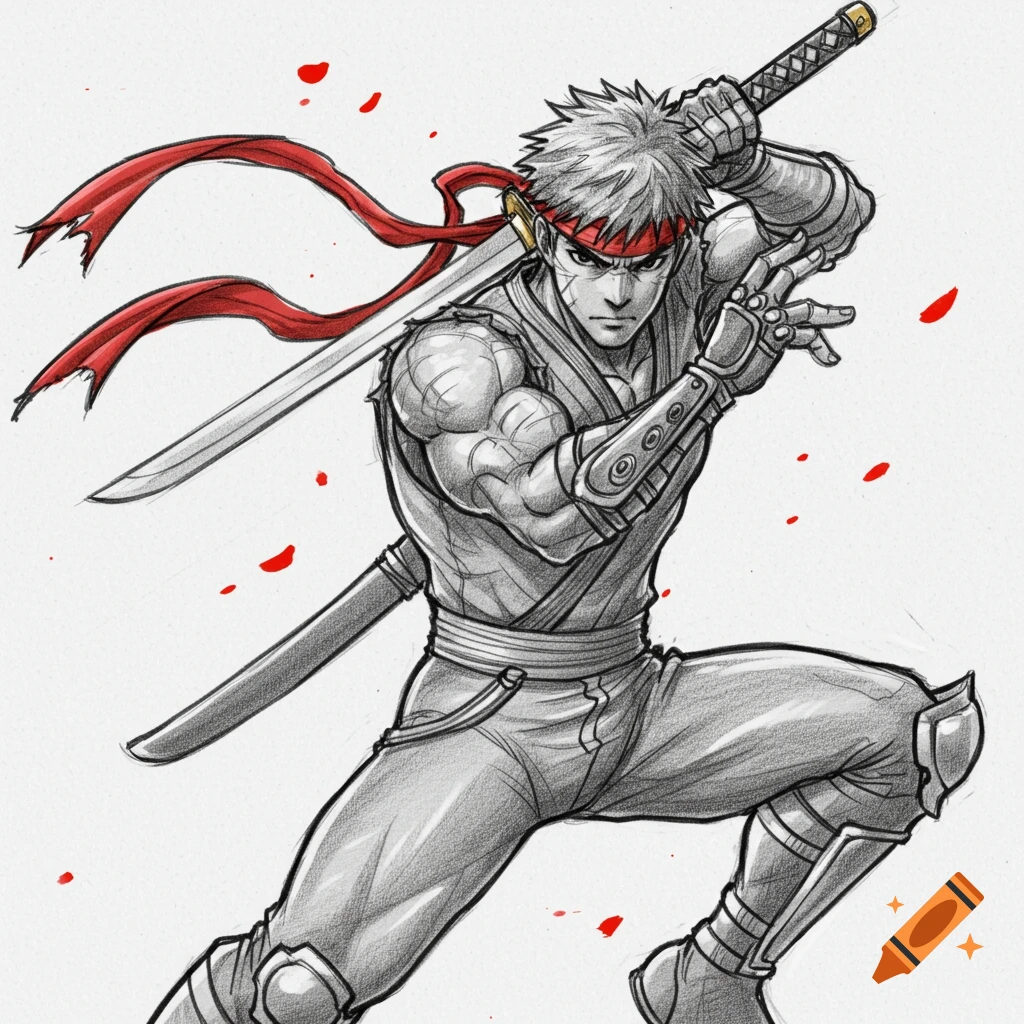 Detailed pencil sketch of a muscular male ninja in a dynamic pose, holding a katana, with red highlights.