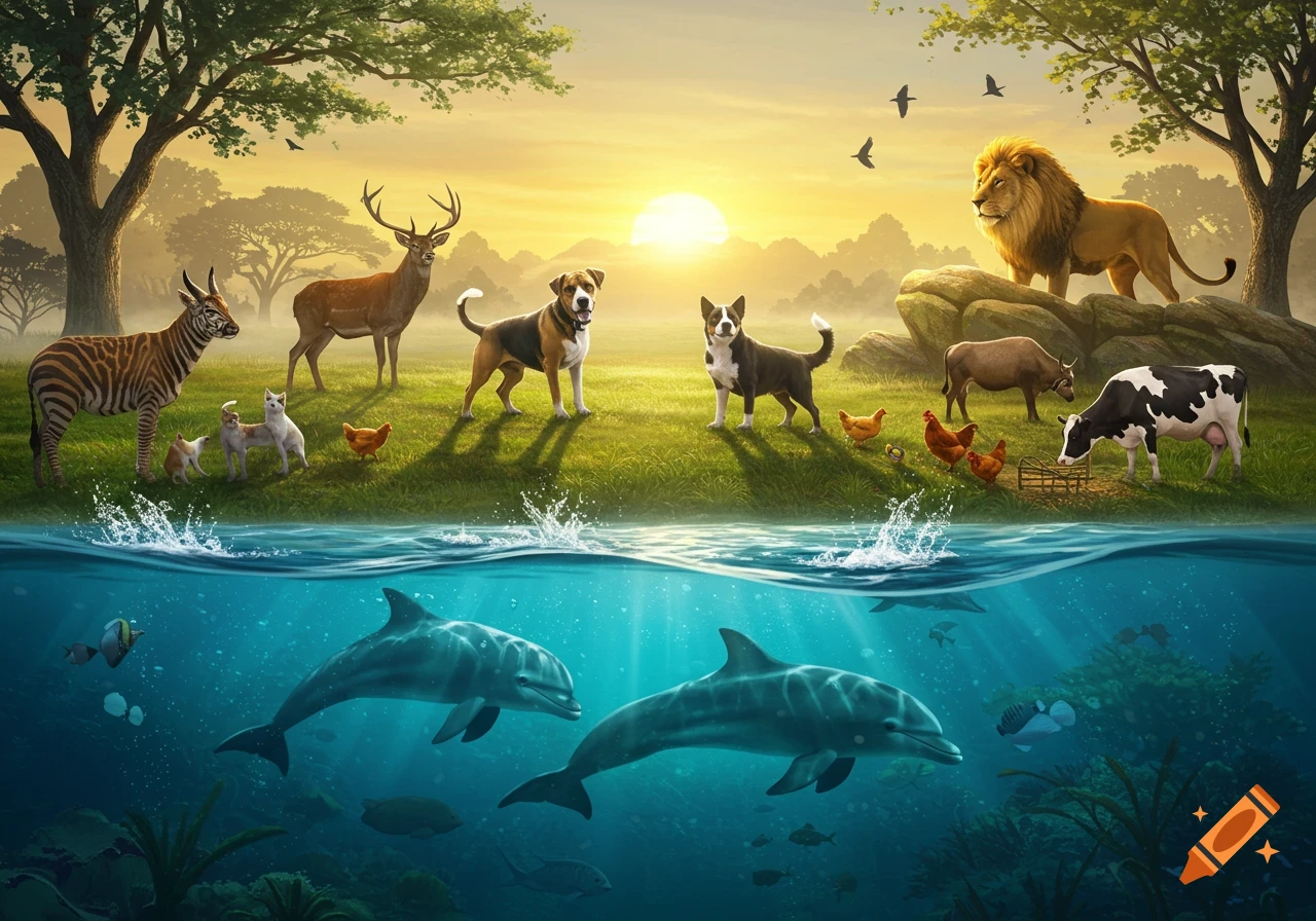 A vibrant split scene with land and sea. Above, wild, domestic, and farm animals like a lion, zebra, deer, dogs, and cow stand in a sunny landscape. Below, dolphins swim in blue water.