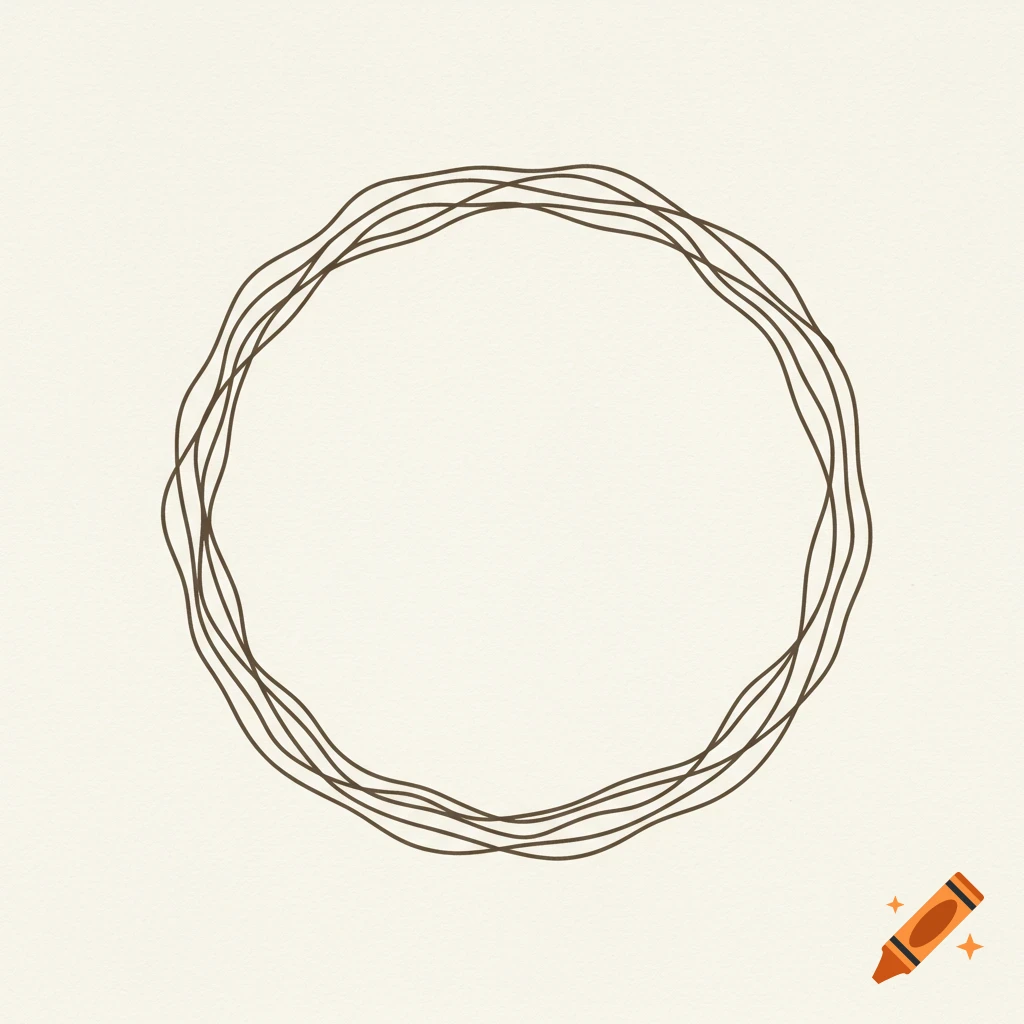 A minimalist hand-drawn organic brown circle with wavy, irregular lines on a light cream background.