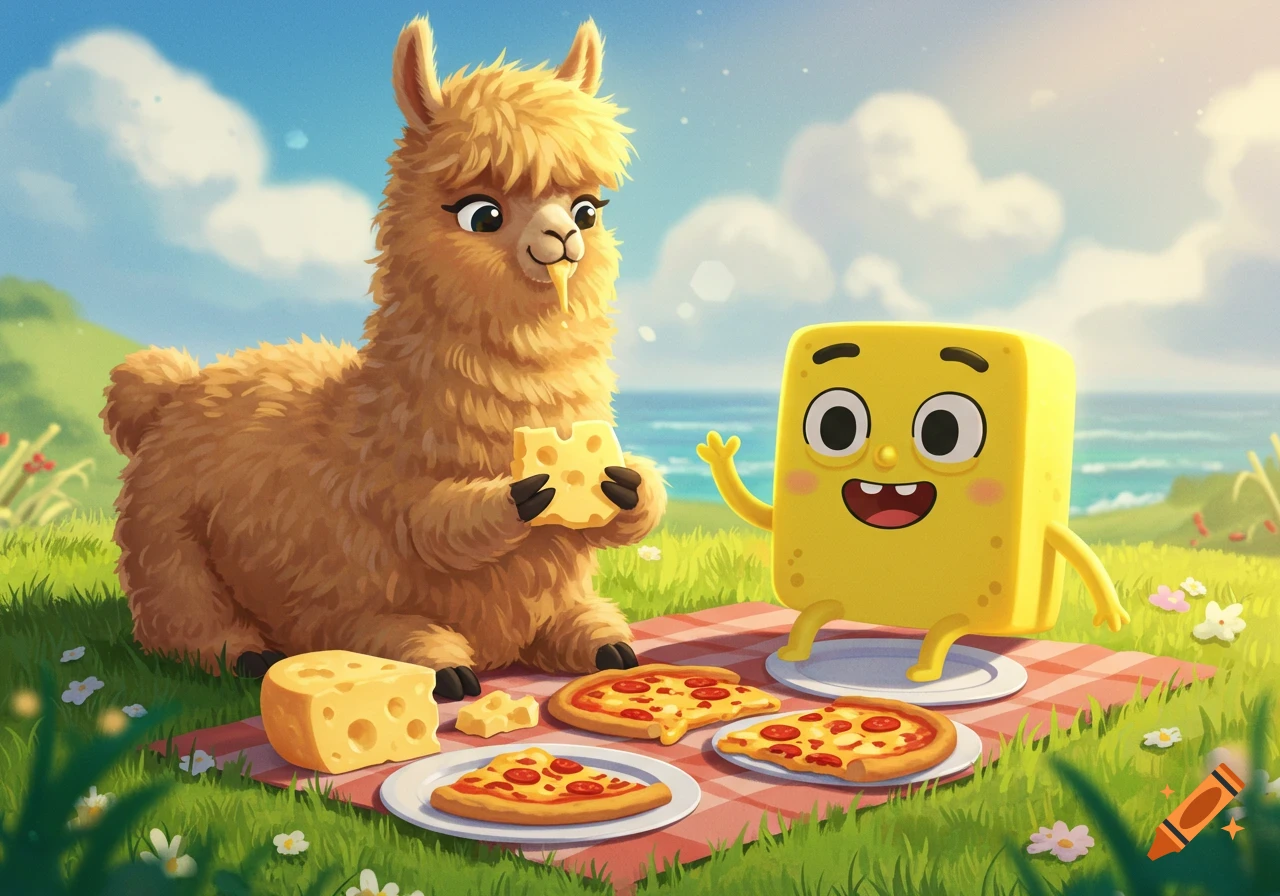 A fluffy brown llama and a yellow square cartoon character have a picnic with pizza and cheese on a red checkered blanket by the ocean.