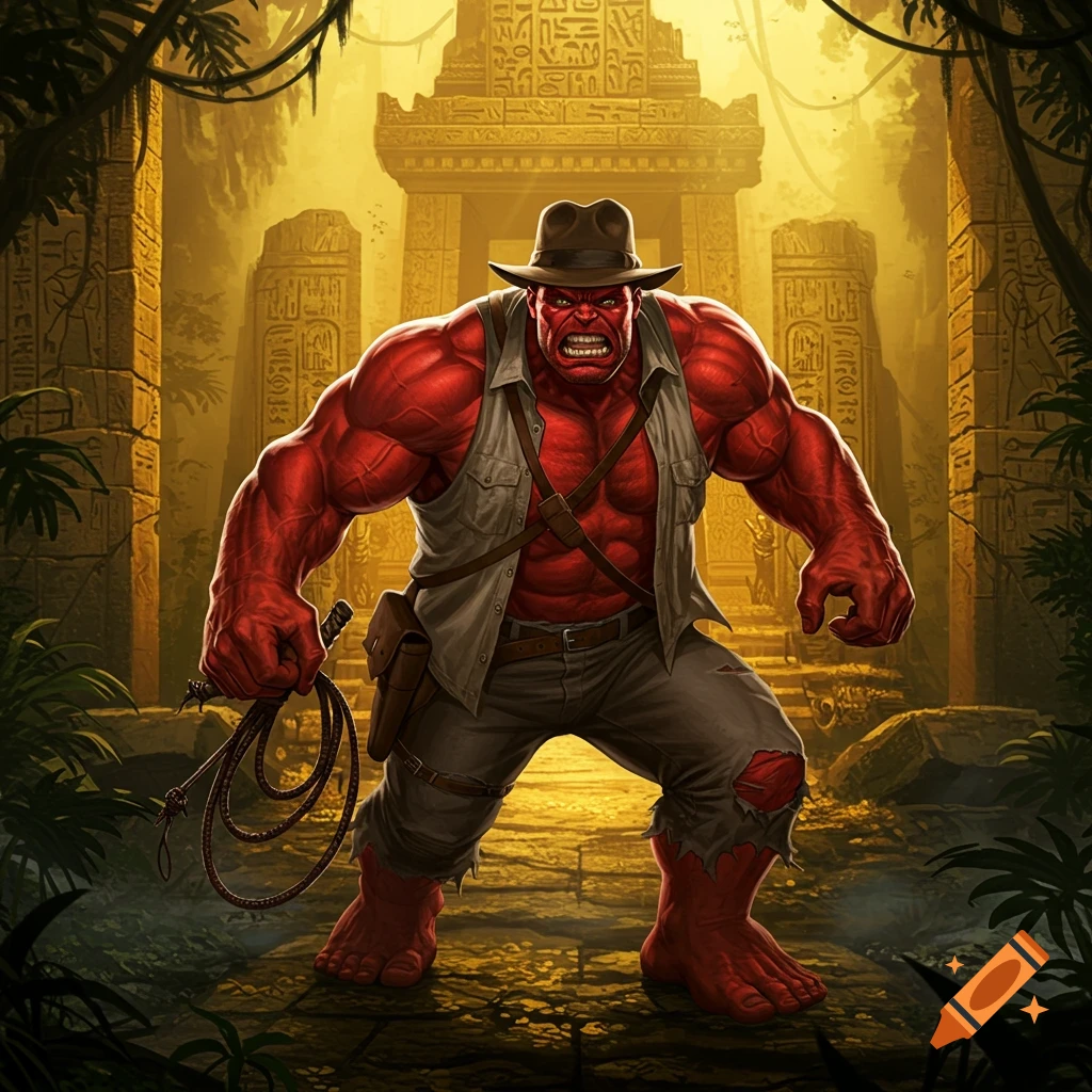 Red Hulk dressed as Indiana Jones, wielding a whip, stands ready in a sunlit ancient jungle temple.