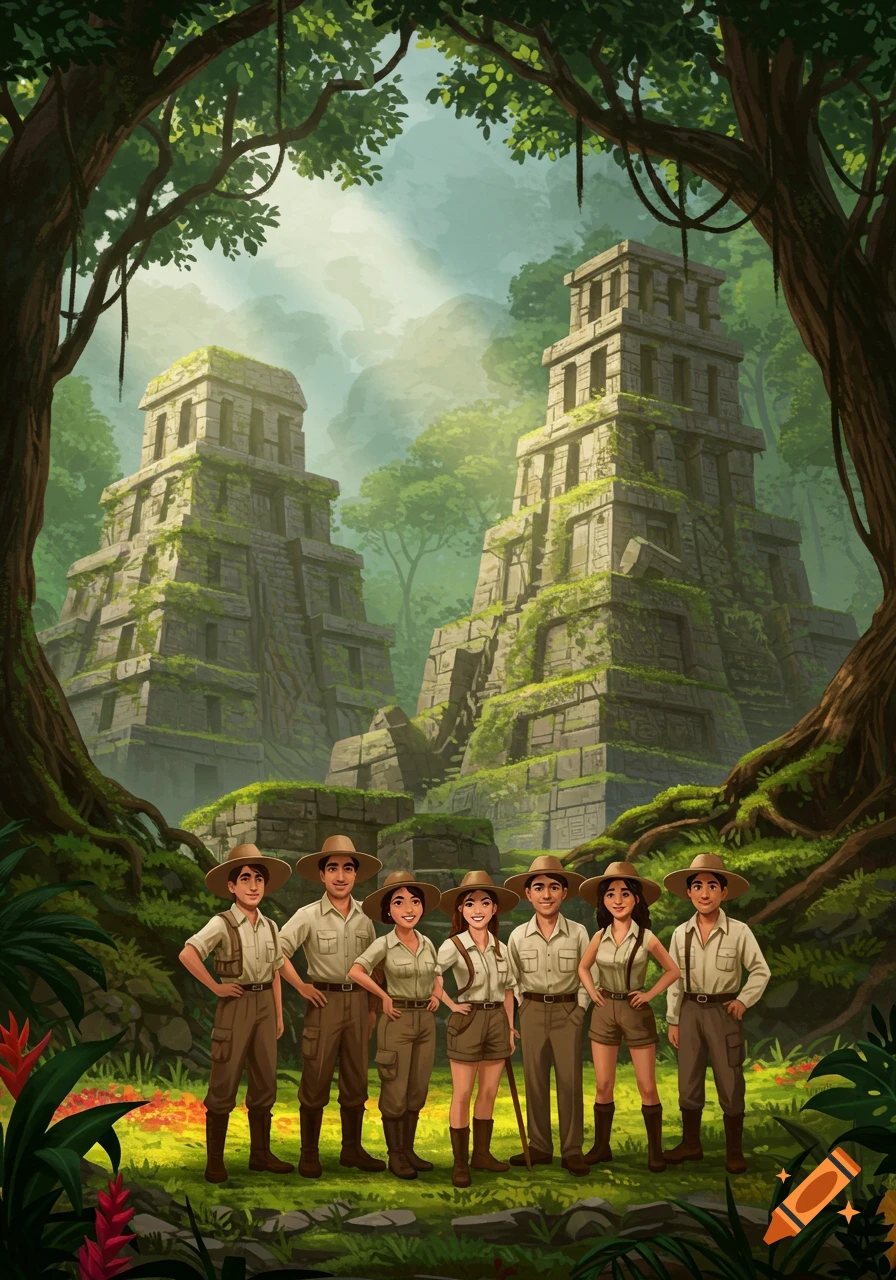 Illustrated scene of six archaeologists (three men, three women) posing in a lush tropical jungle with ancient moss-covered stone temples.