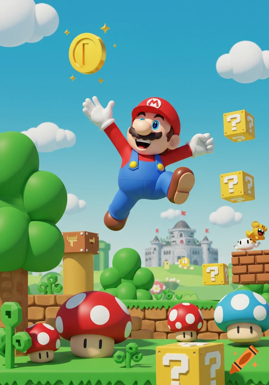 Mario jumps high, reaching for a spinning gold coin in a vibrant, colorful 3D Super Mario Bros. world with green hills, mushrooms, and question blocks.