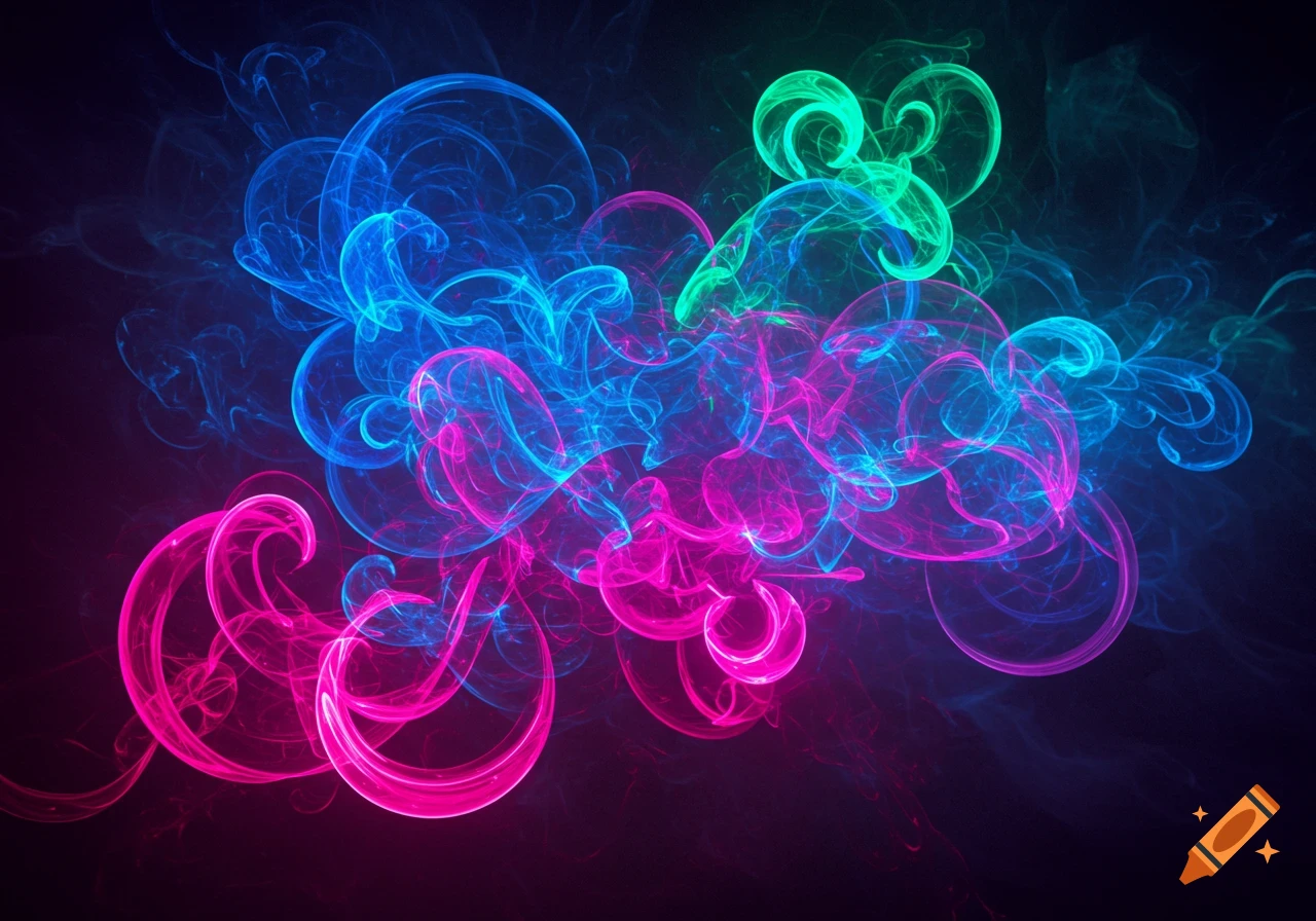 Abstract glowing blue, pink, and green swirling lines on a dark background.