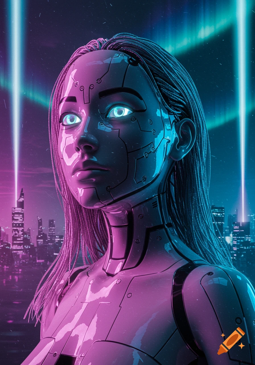 A close-up of a female cyborg with glowing blue eyes and metallic skin, illuminated by pink and blue neon lights in a futuristic city.