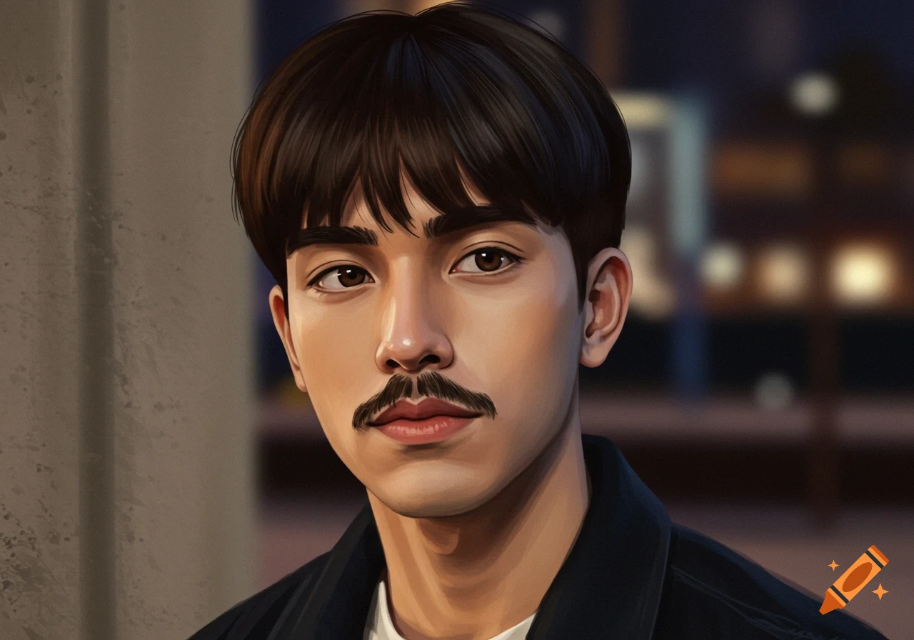 A close-up digital painting of a young man with a thin mustache, dark hair, and brown eyes, looking slightly to the side.