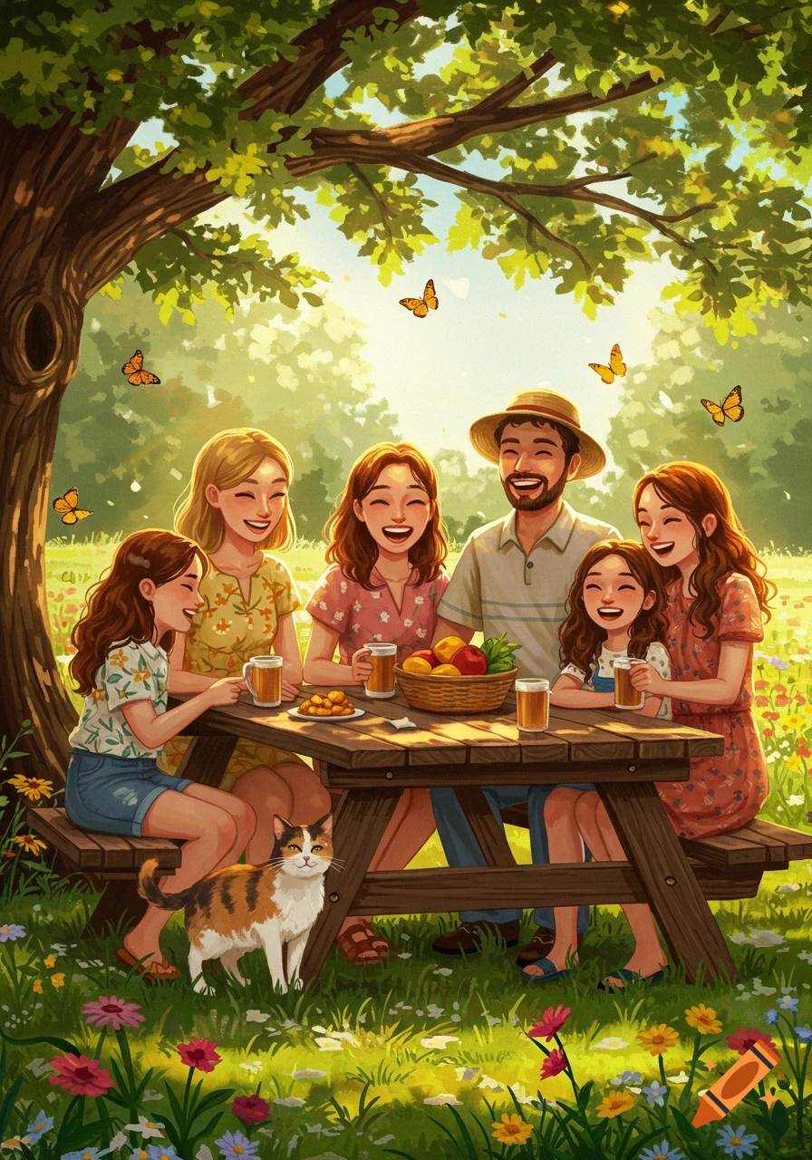 An illustrated family (father, mother, three daughters) and a calico cat enjoying a picnic under a sunny tree in a flower-filled field.