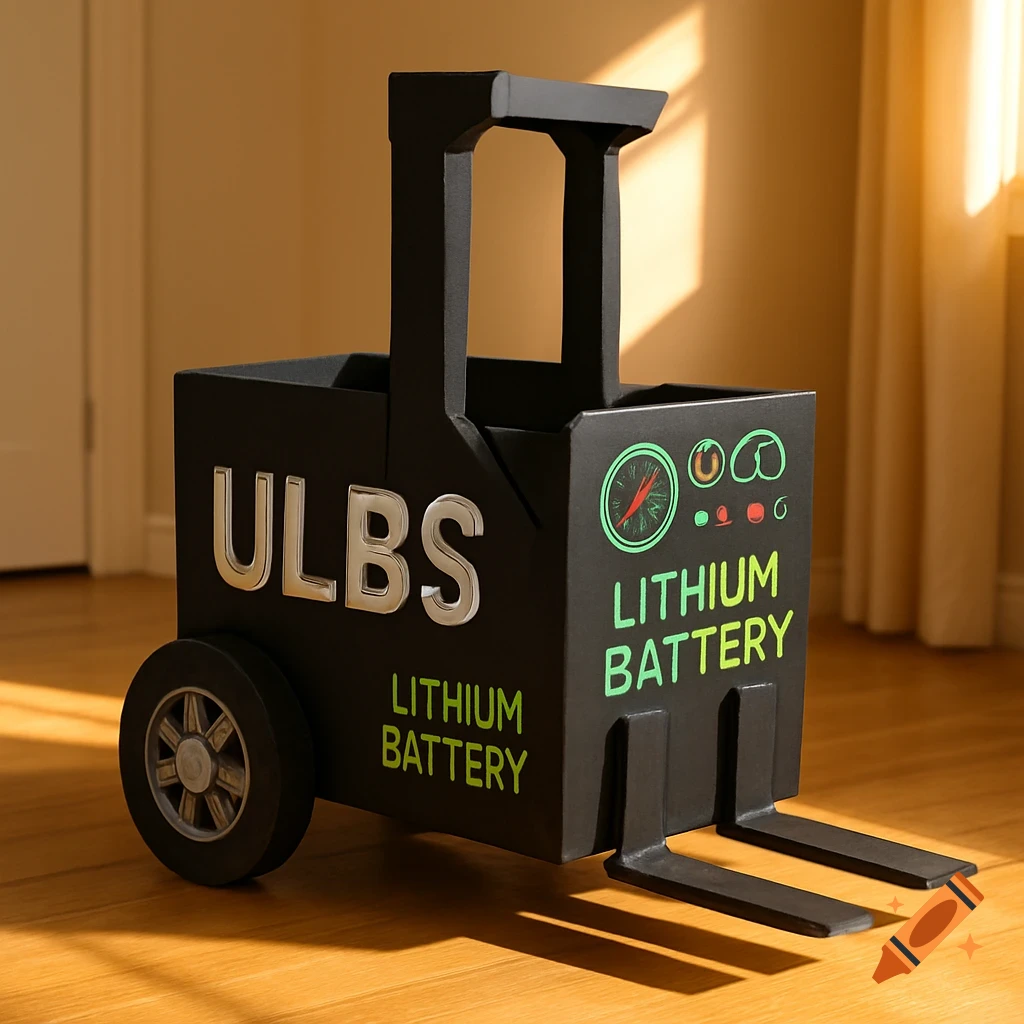 A black cardboard box forklift costume with "ULBS" and "LITHIUM BATTERY" text, depicted photorealistically indoors.
