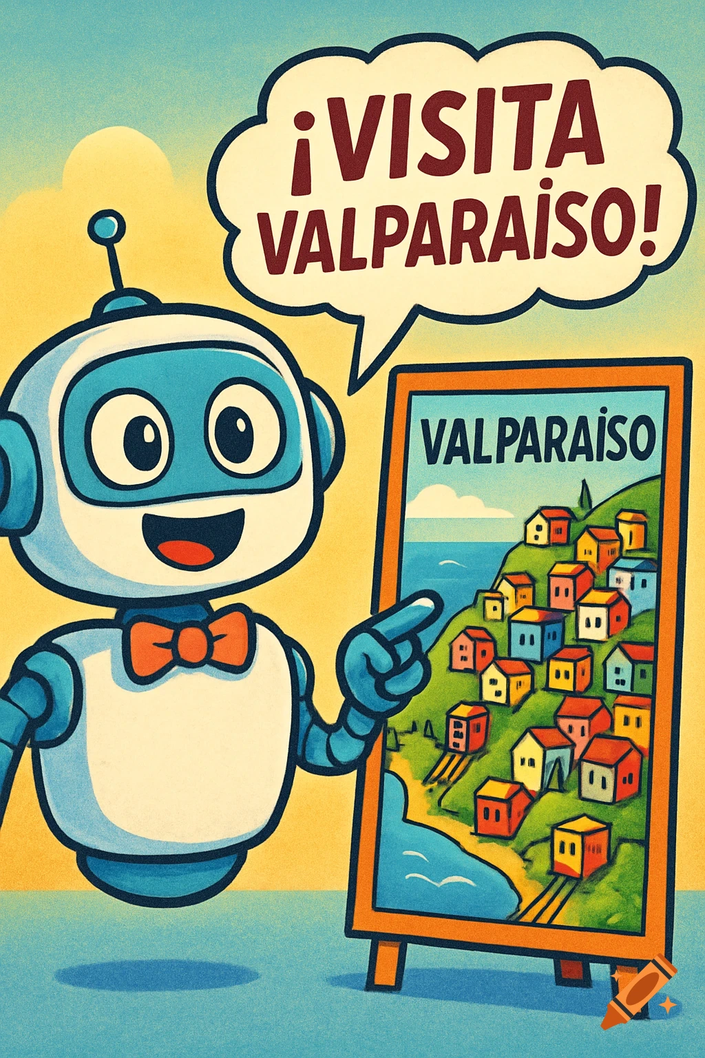 A cheerful cartoon robot points to an easel with an illustration of colorful houses on hills by the sea. A speech bubble says '¡Visita Valparaíso!'