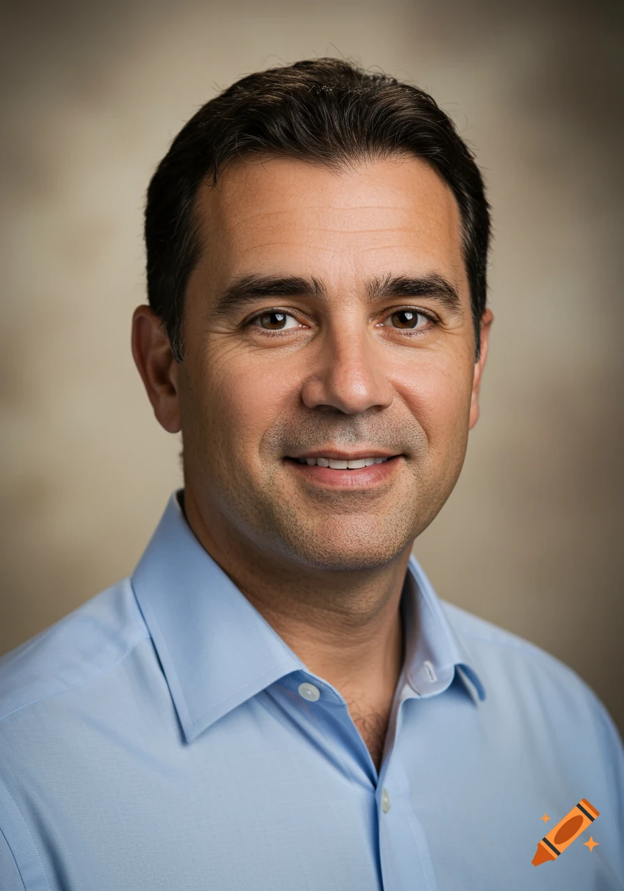 A photorealistic portrait of a smiling man in a light blue dress shirt looking at the camera.