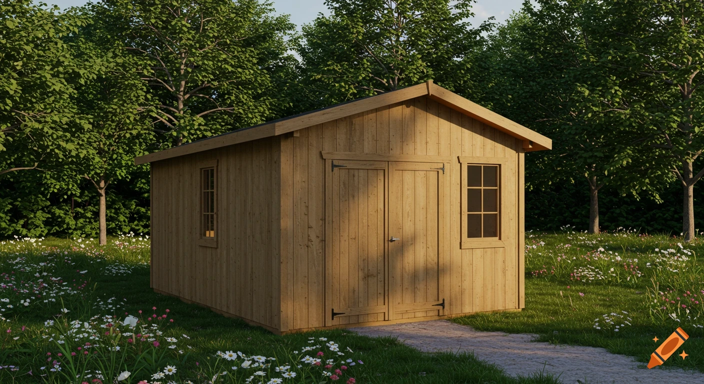 A photorealistic wooden shed with a double door and two windows stands in a sunny field of wildflowers surrounded by green trees.