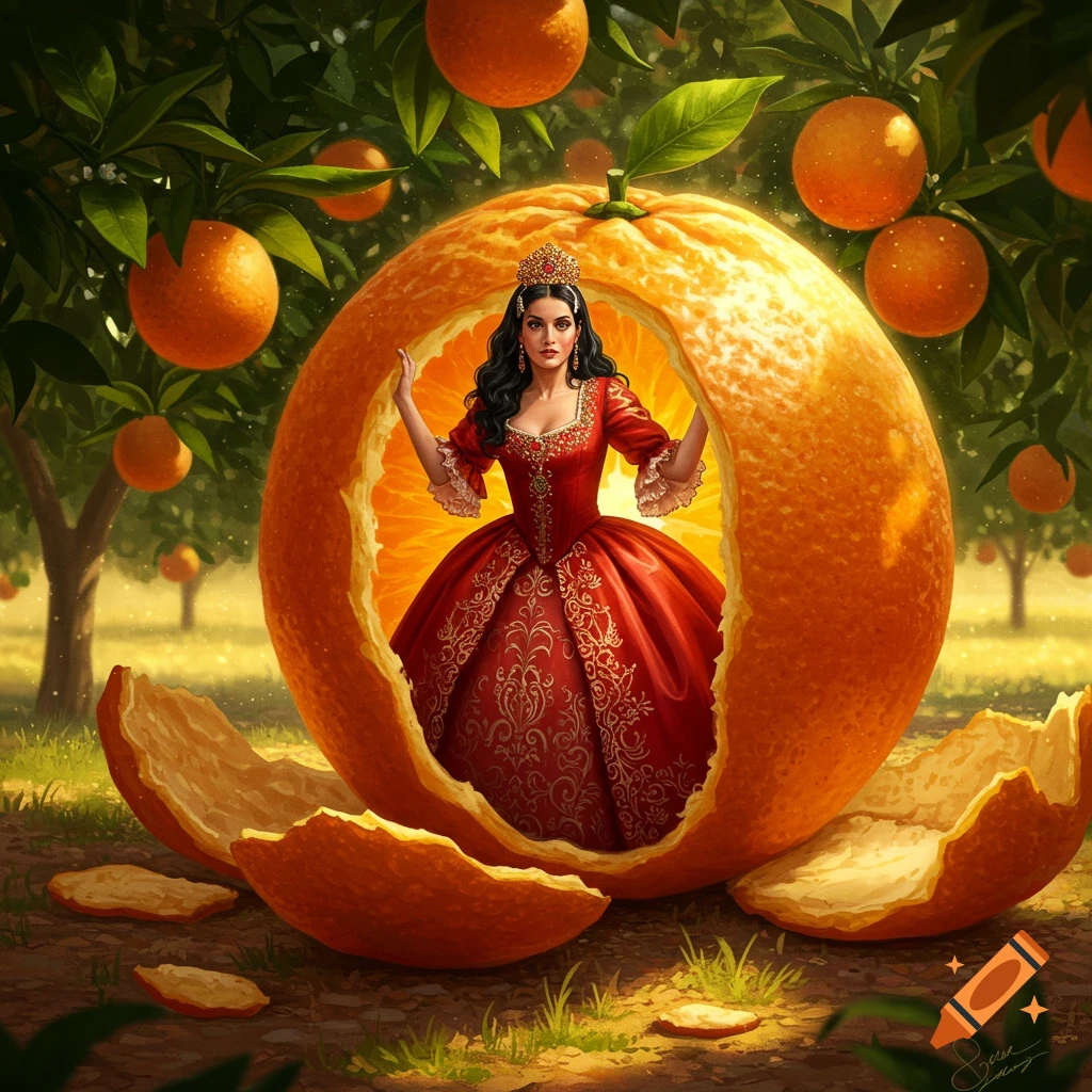 A beautiful princess with dark hair and a golden crown, wearing a red gown, emerges from a giant half-peeled orange in a lush orange grove.