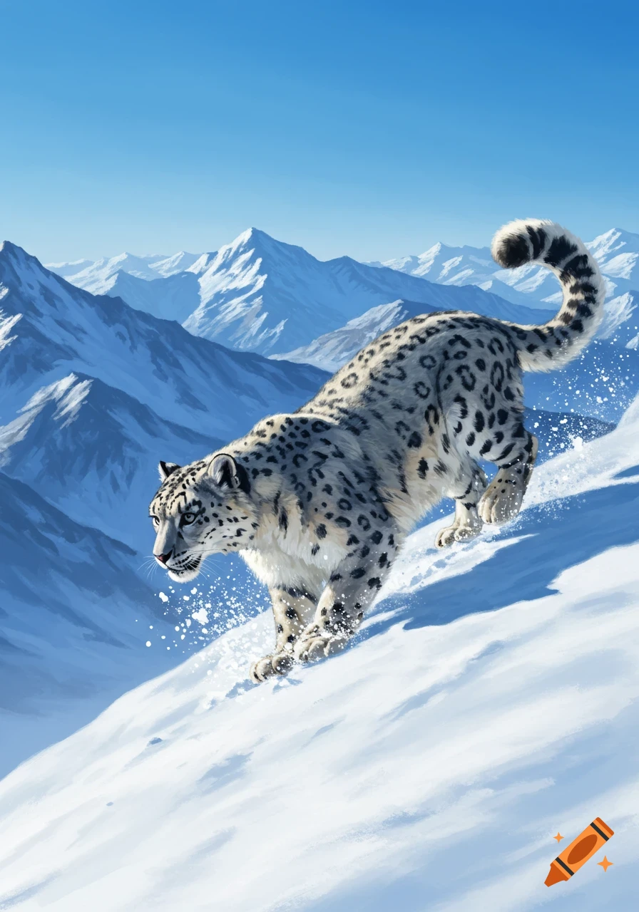 Illustration of a snow leopard leaping through fresh snow on a sunny mountain slope with blue skies and distant peaks.