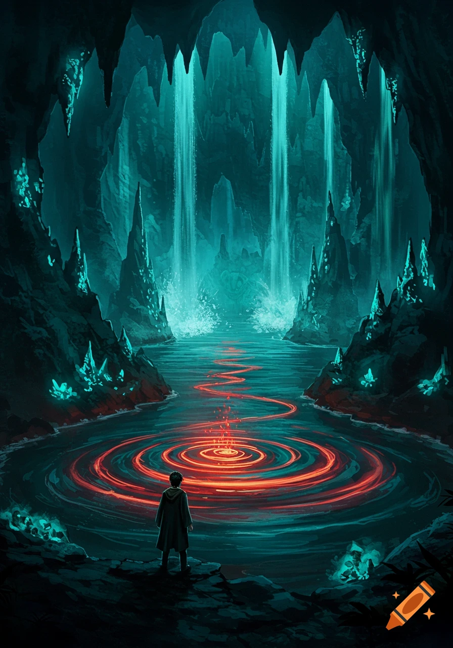A robed figure views glowing blue waterfalls and a swirling red magical path on a river inside a dark, mystical cave, digital art.