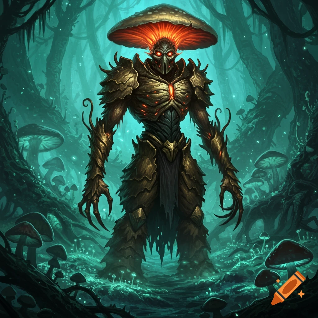 A towering, armored mushroom warrior with glowing red eyes and a large mushroom cap head stands in a dark, glowing teal forest filled with various mushrooms.