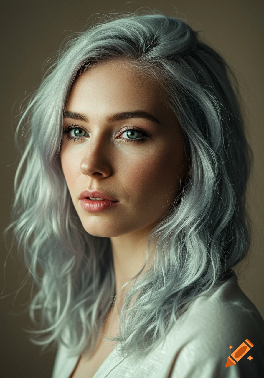 A photorealistic portrait of a young woman with white-silver wavy hair and grey-green eyes, looking sideways with a soft expression under soft lighting.
