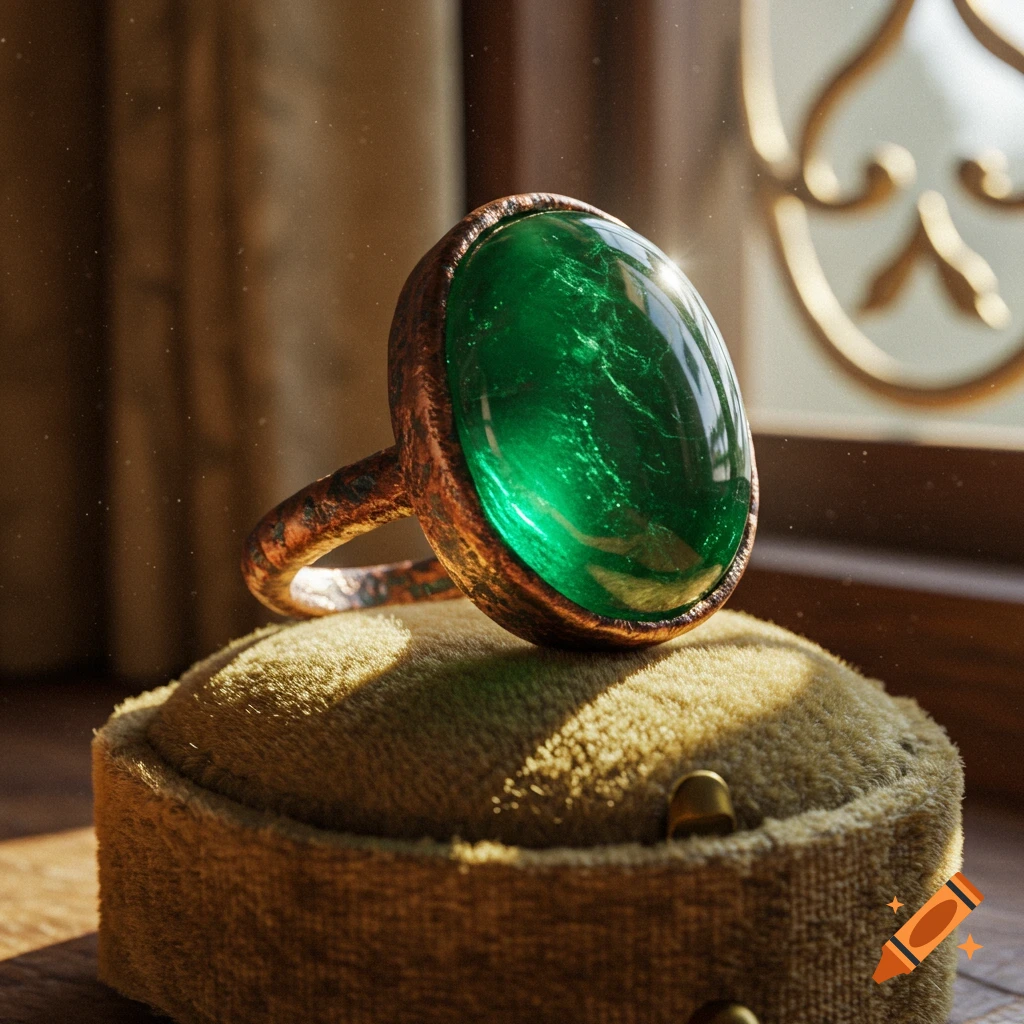 A photorealistic close-up of a copper ring with a deep green oval gemstone, resting on a velvet cushion in sunlight.