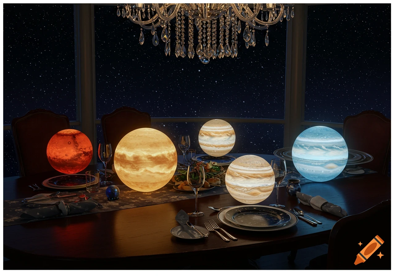 A dinner table set with glowing planet-shaped lamps and wine glasses, with a starry night visible through a large window and a chandelier above.