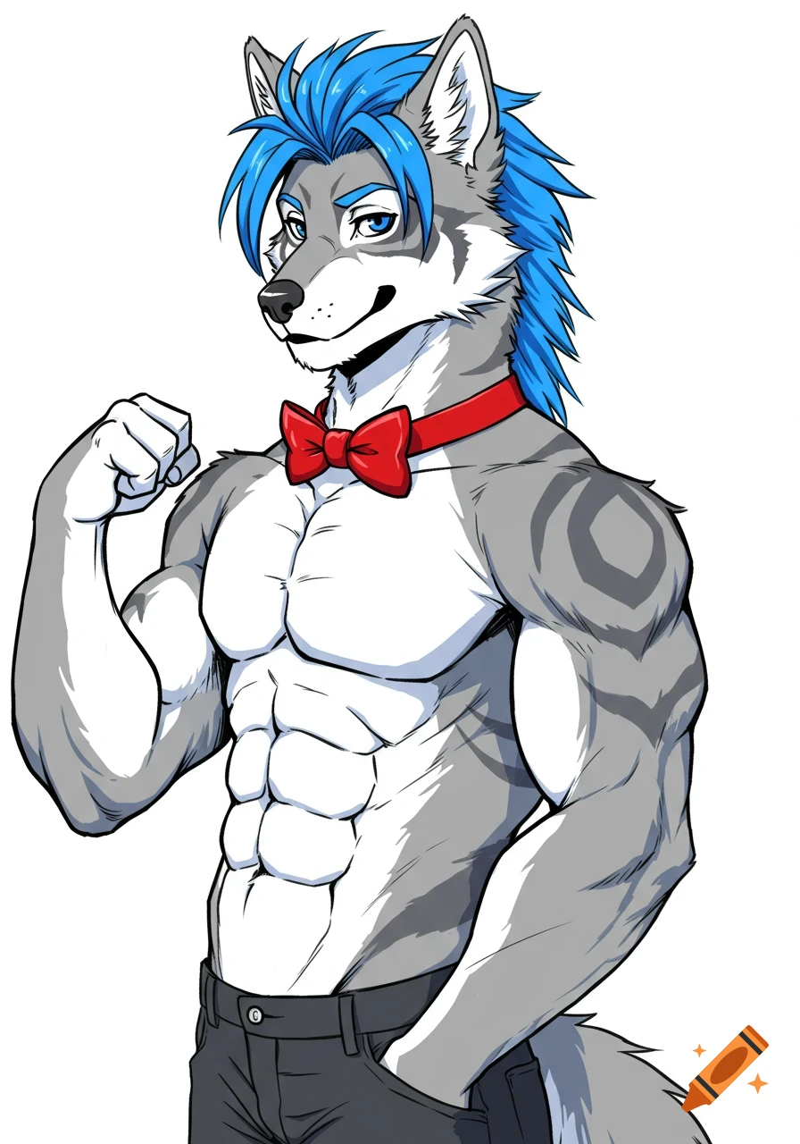 Muscular anthropomorphic wolf with gray and white fur, blue hair, and a red bowtie, flexing one arm in a line drawing.