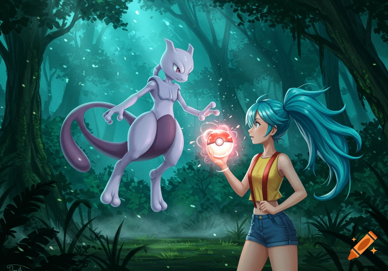 Anime illustration of Misty holding a glowing Pokeball towards Mewtwo in a mystical forest.