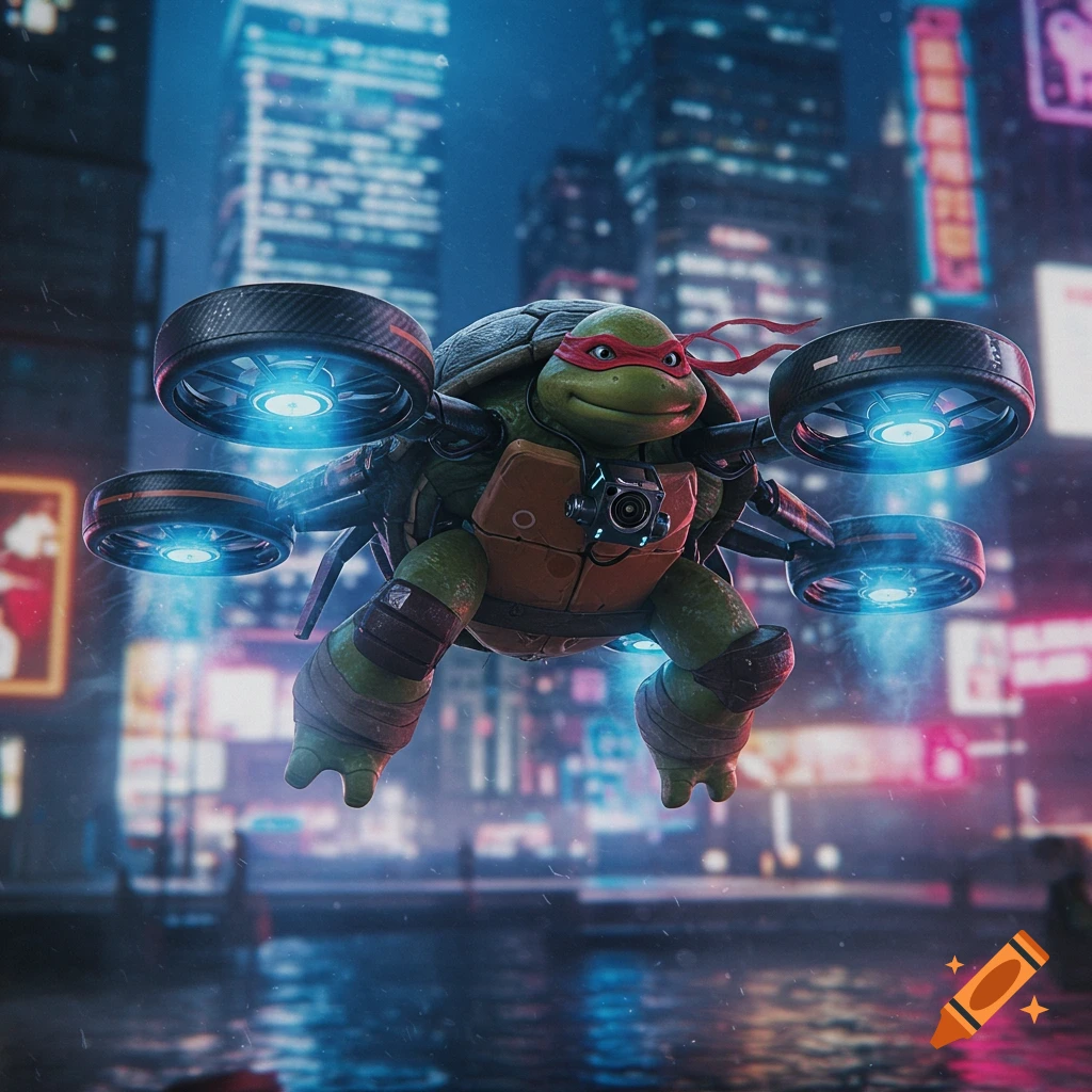A photorealistic 3D render of Raphael, a Ninja Turtle, flying as a drone with glowing propellers over a neon-lit cyberpunk city at night.