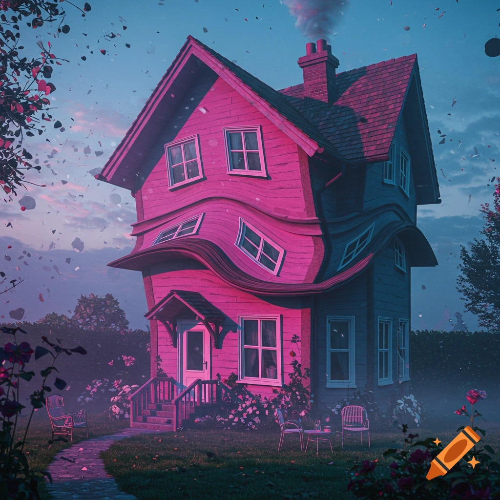 A surreal, warped pink and blue house in a garden at twilight with floating debris in the sky.