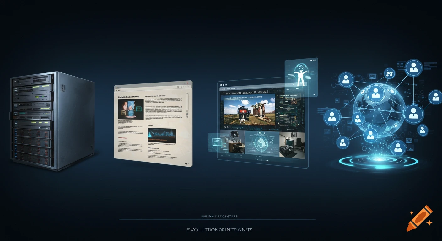 A futuristic depiction of intranet evolution, showing a server rack, a basic webpage, a modern holographic UI, and a global social network of interconnected users.