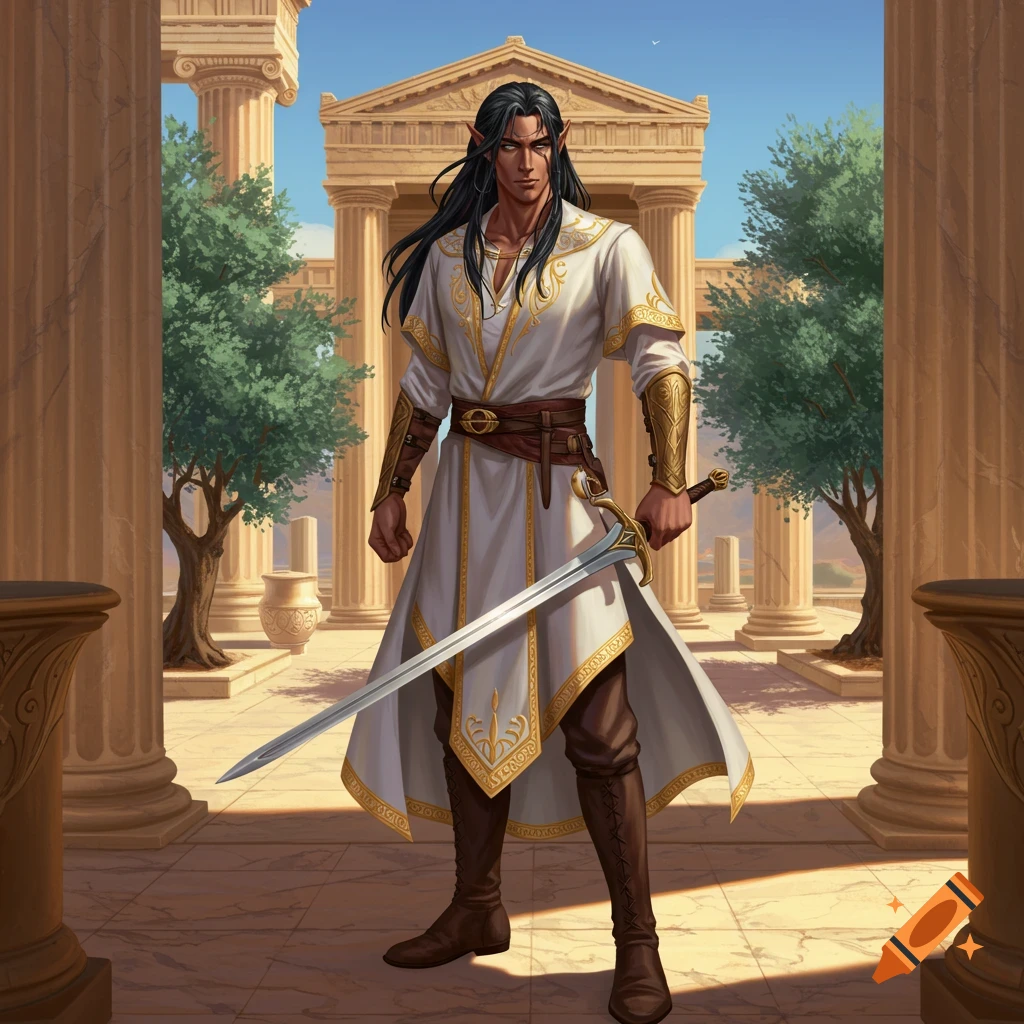 An elf warrior with long dark hair, wearing a white and gold tunic, stands holding a sword in an ancient Greek-style temple courtyard.