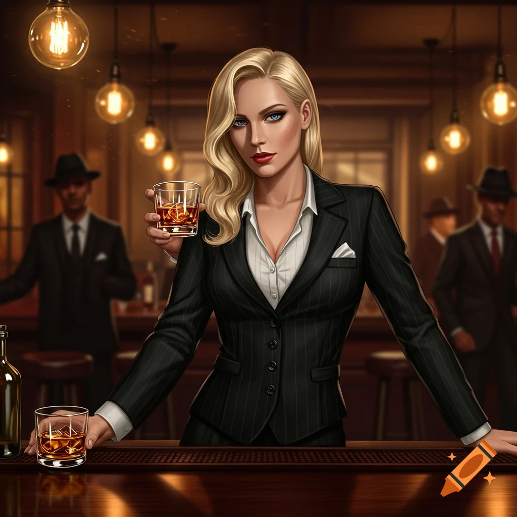 A blonde woman in a pinstripe suit stands at a bar, holding a glass of whiskey, with blurry figures in the background.
