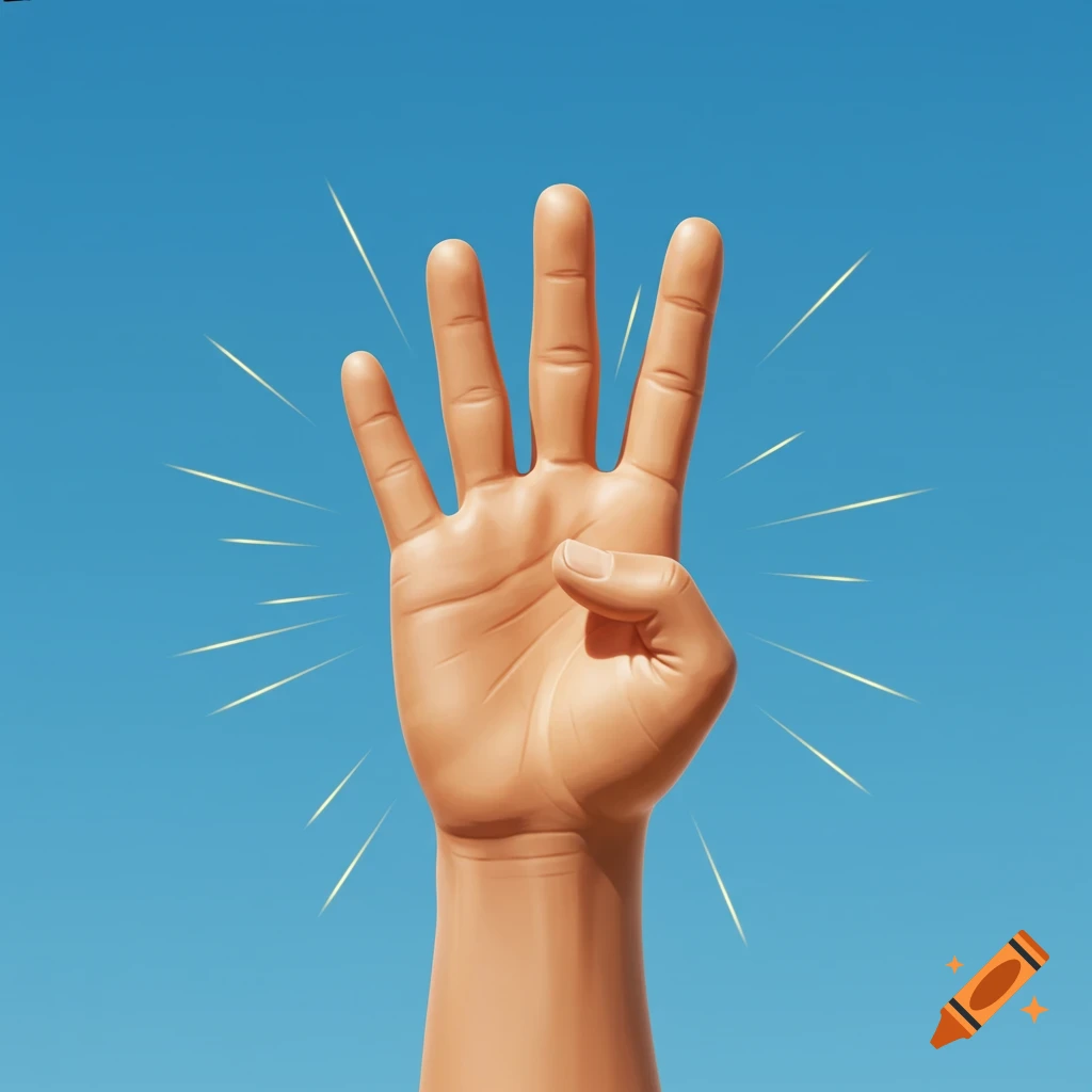 A stylized hand with four fingers extended upwards, against a bright blue background, with white light rays emanating from it.