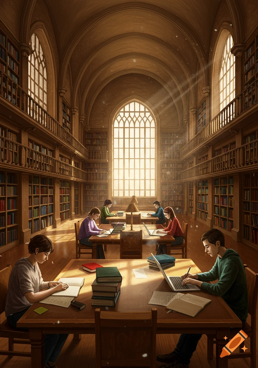Students studying in a grand, sunlit library with tall arched windows and bookshelves.