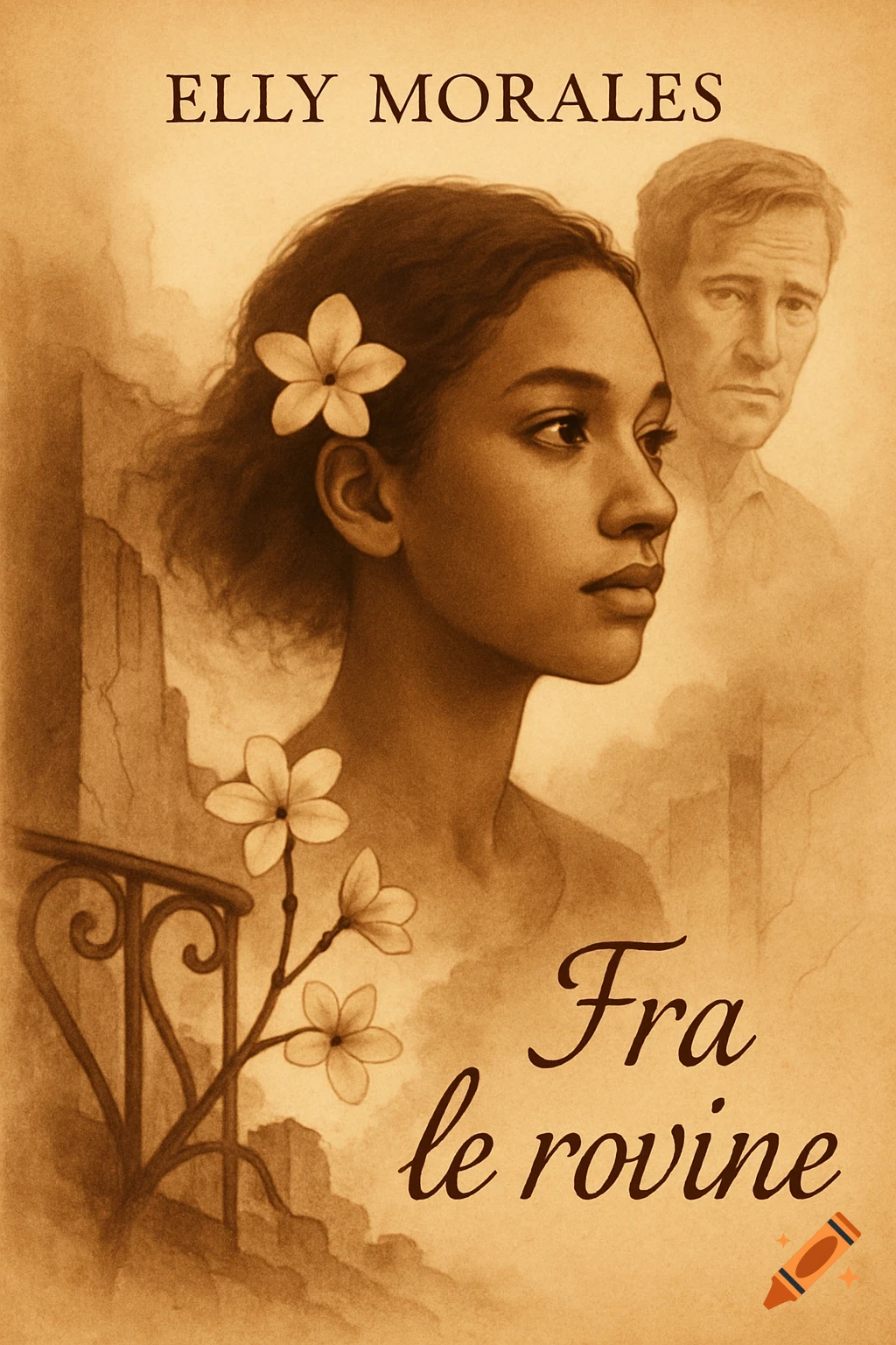 Sepia illustration of a book cover with a young woman in profile, wearing a frangipani flower, and a man's face in the background.