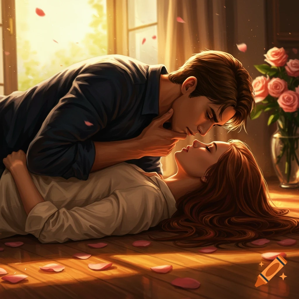 Illustrative image of a man leaning over a woman lying on a sunlit floor, about to kiss, with scattered rose petals and a vase of roses.