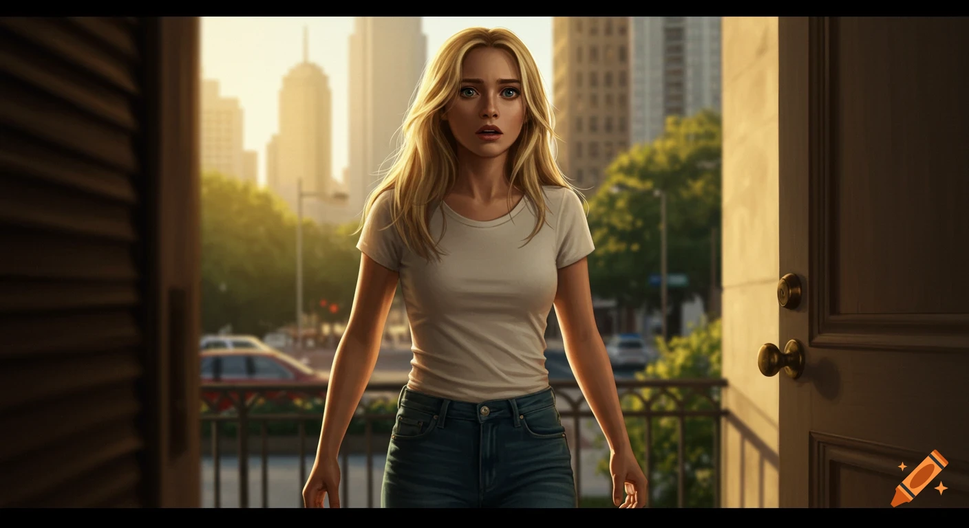 Blonde woman with a surprised expression stands in an apartment doorway, backlit by morning sunlight over a city street.